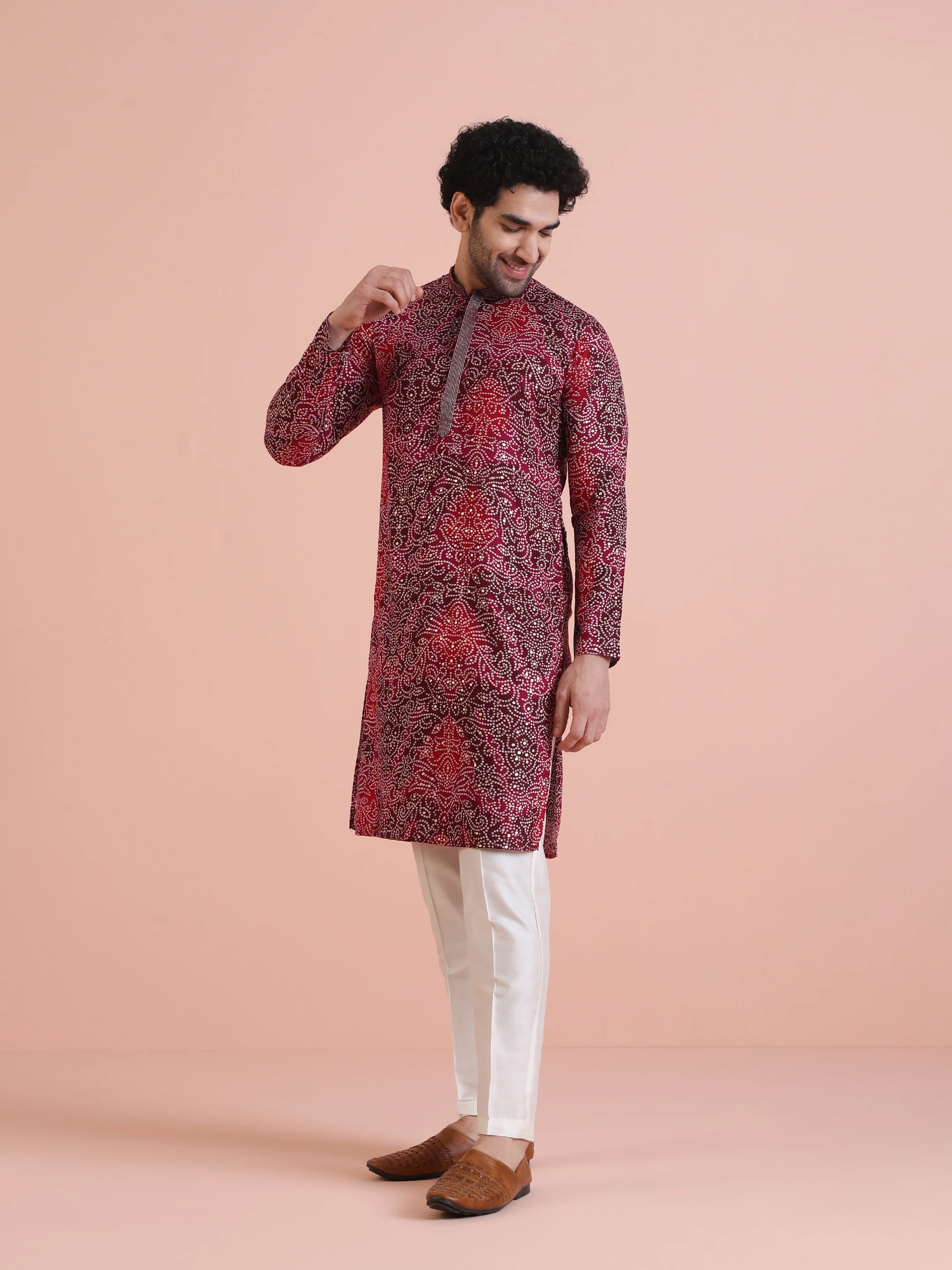 Red Silk Blend Printed Kurta White Trouser - Image 3