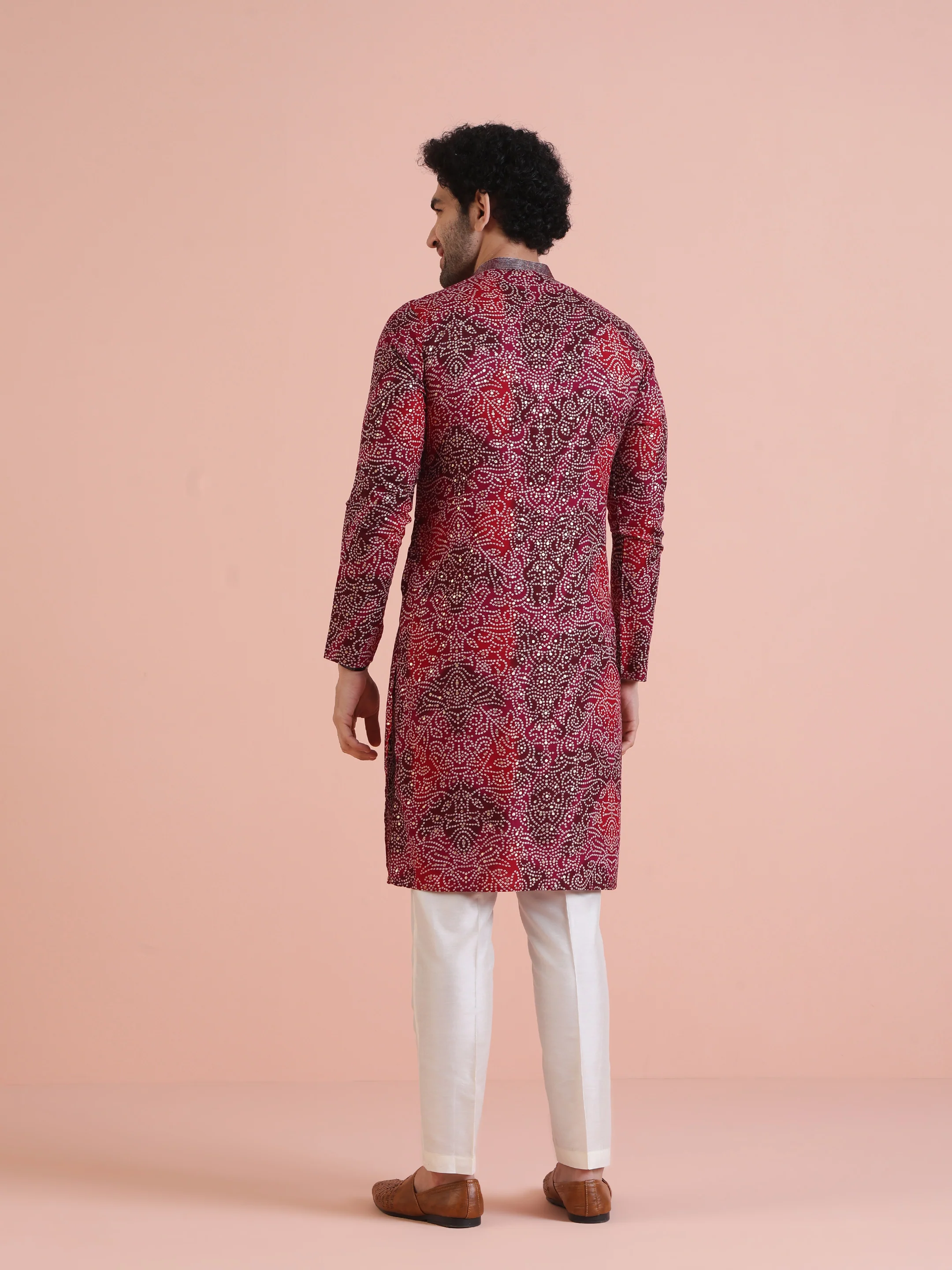 Red Silk Blend Printed Kurta White Trouser - Image 4