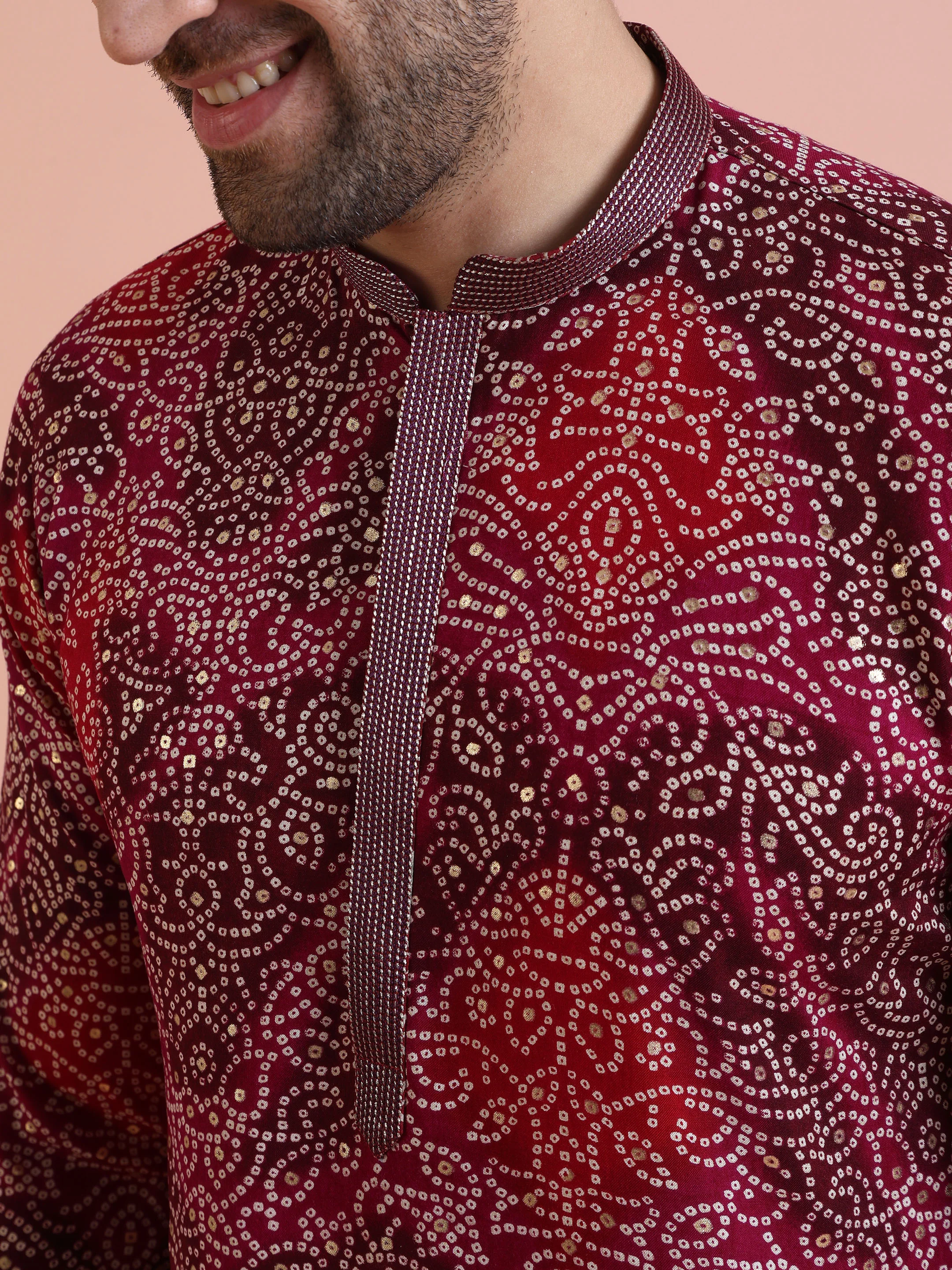 Red Silk Blend Printed Kurta White Trouser - Image 5