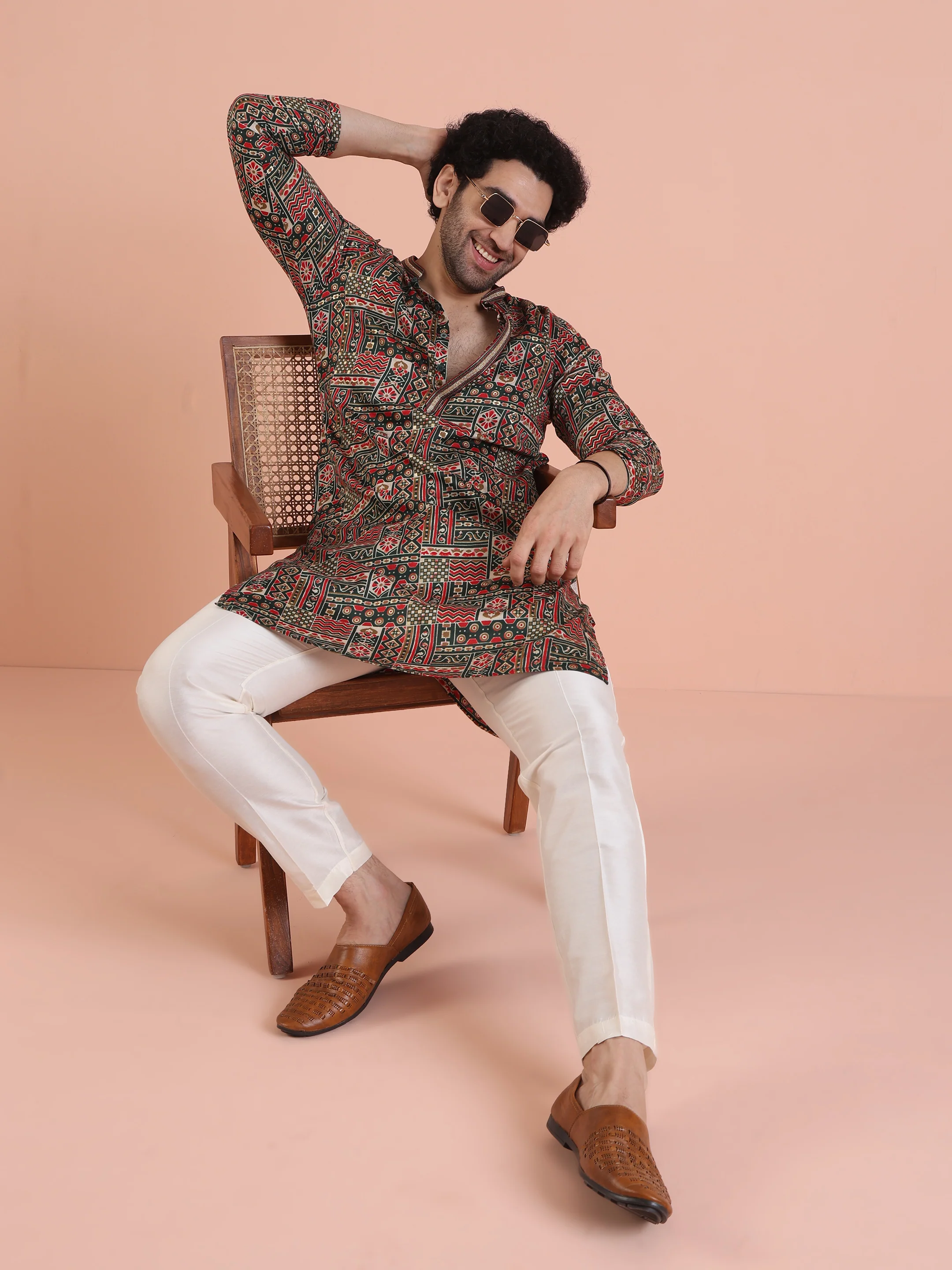 Multicolor Printed Kurta Cream Trouser Set