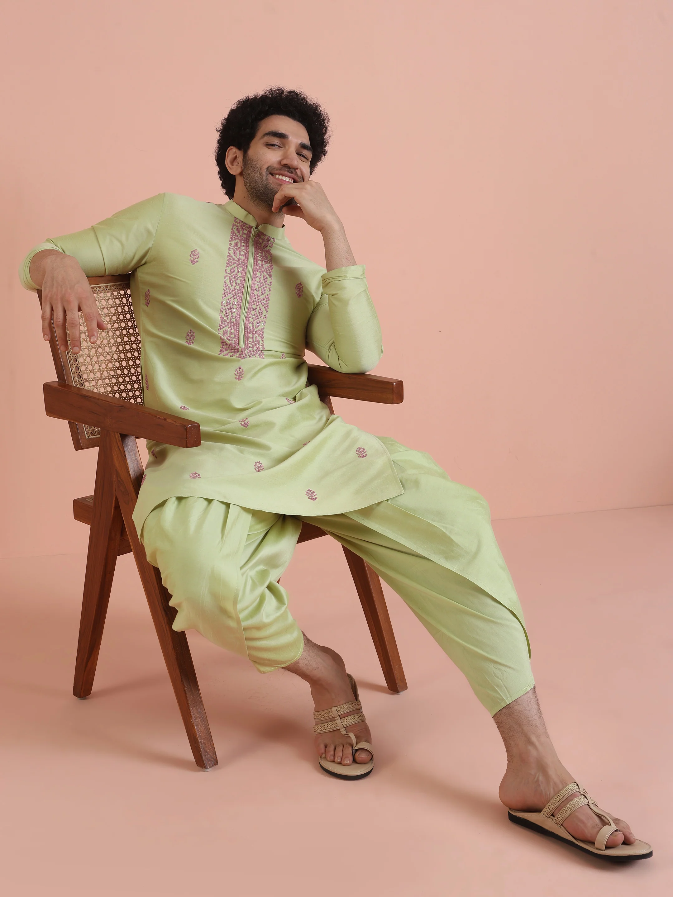 Men Green Embroidered Ethnic Motifs Kurta Dhoti Set