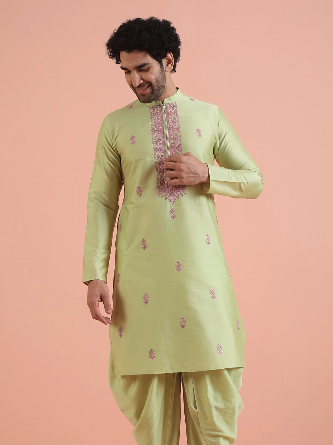 Men Green Embroidered Ethnic Motifs Kurta