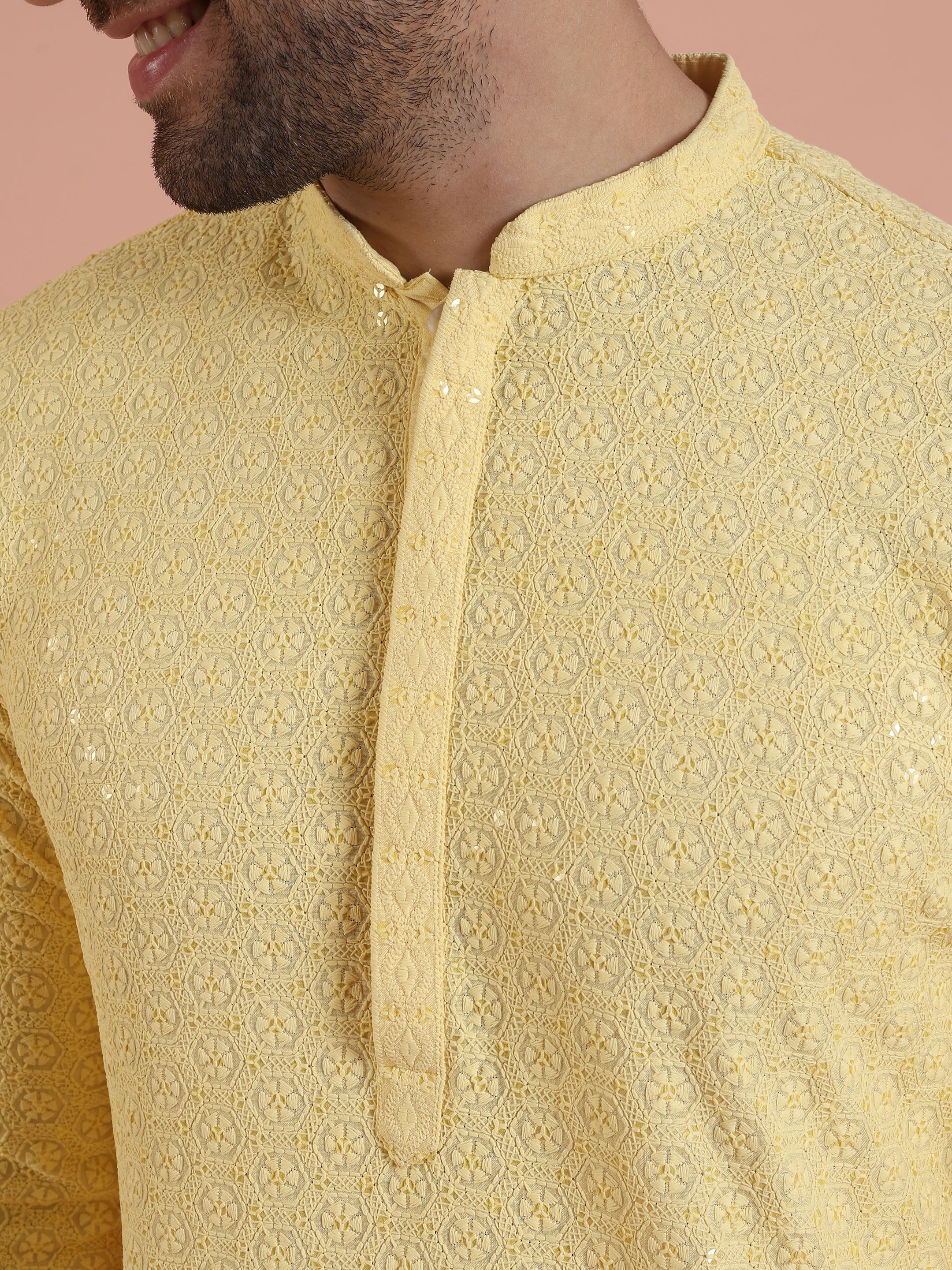 Men Yellow Embroidered Thread Work Kurta - Image 5