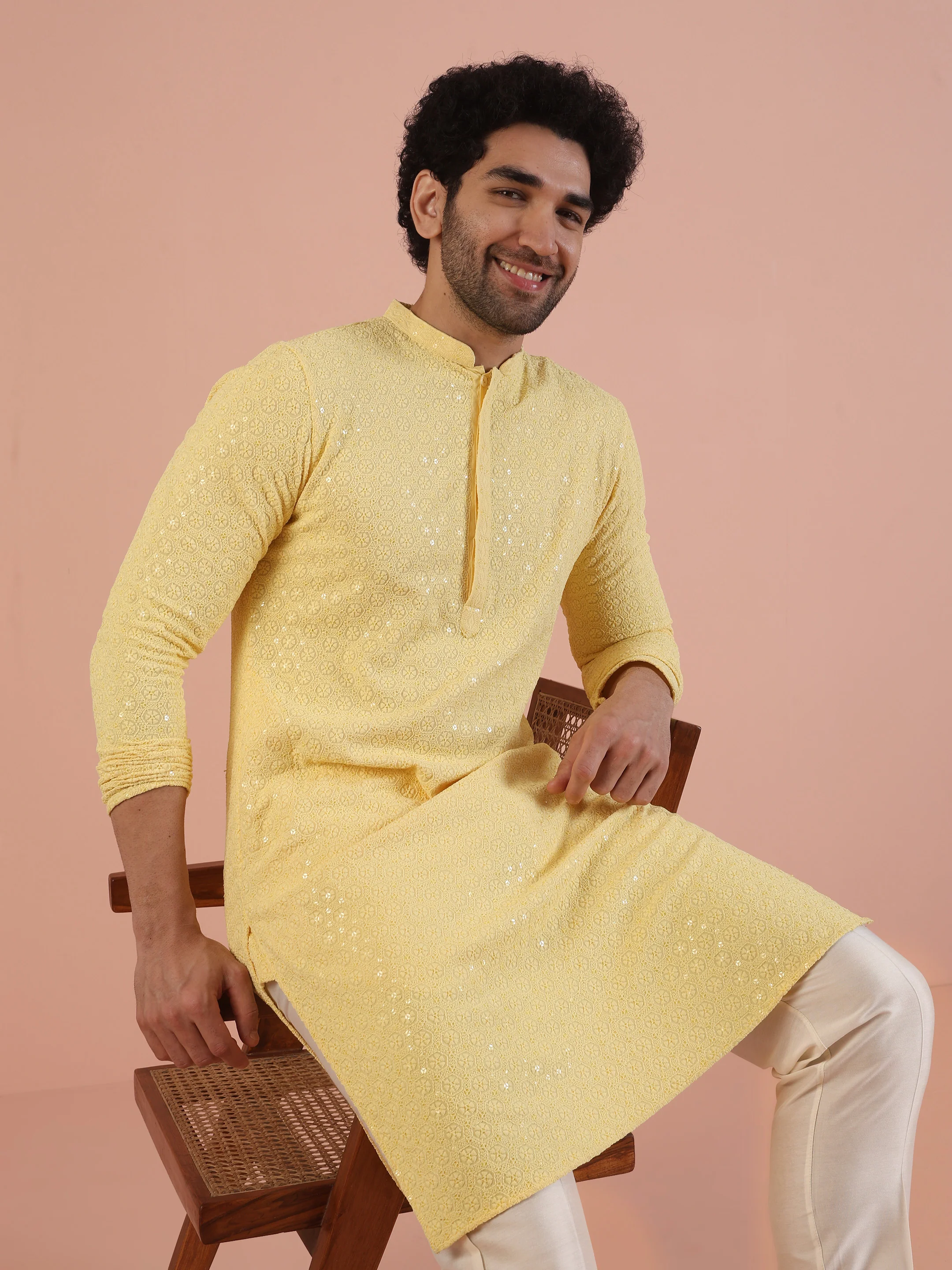 Men Yellow Embroidered Thread Work Kurta - Image 6