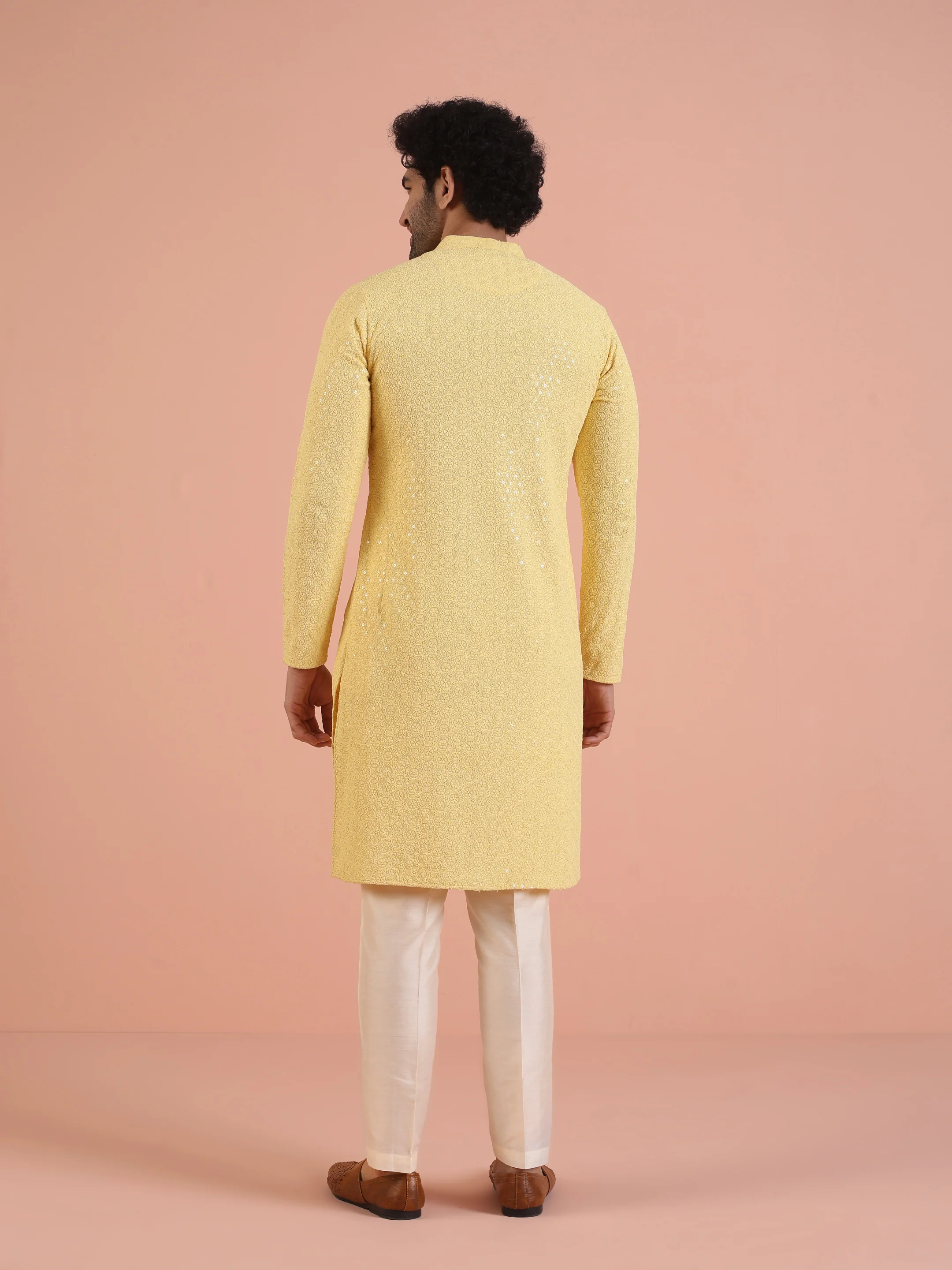 Men Yellow Embroidered Thread Work Kurta Trouser Set - Image 5