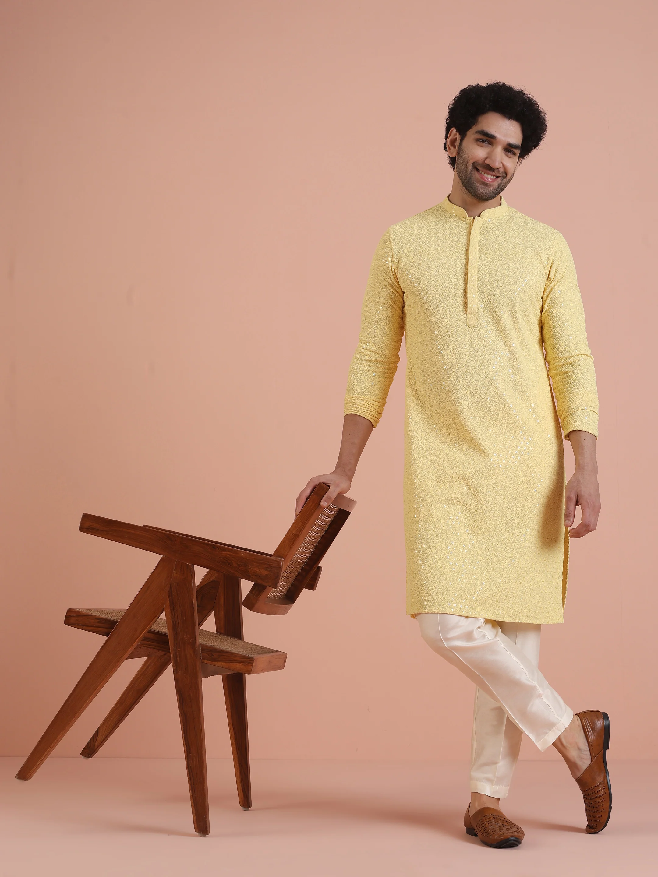 Men Yellow Embroidered Thread Work Kurta Trouser Set - Image 9