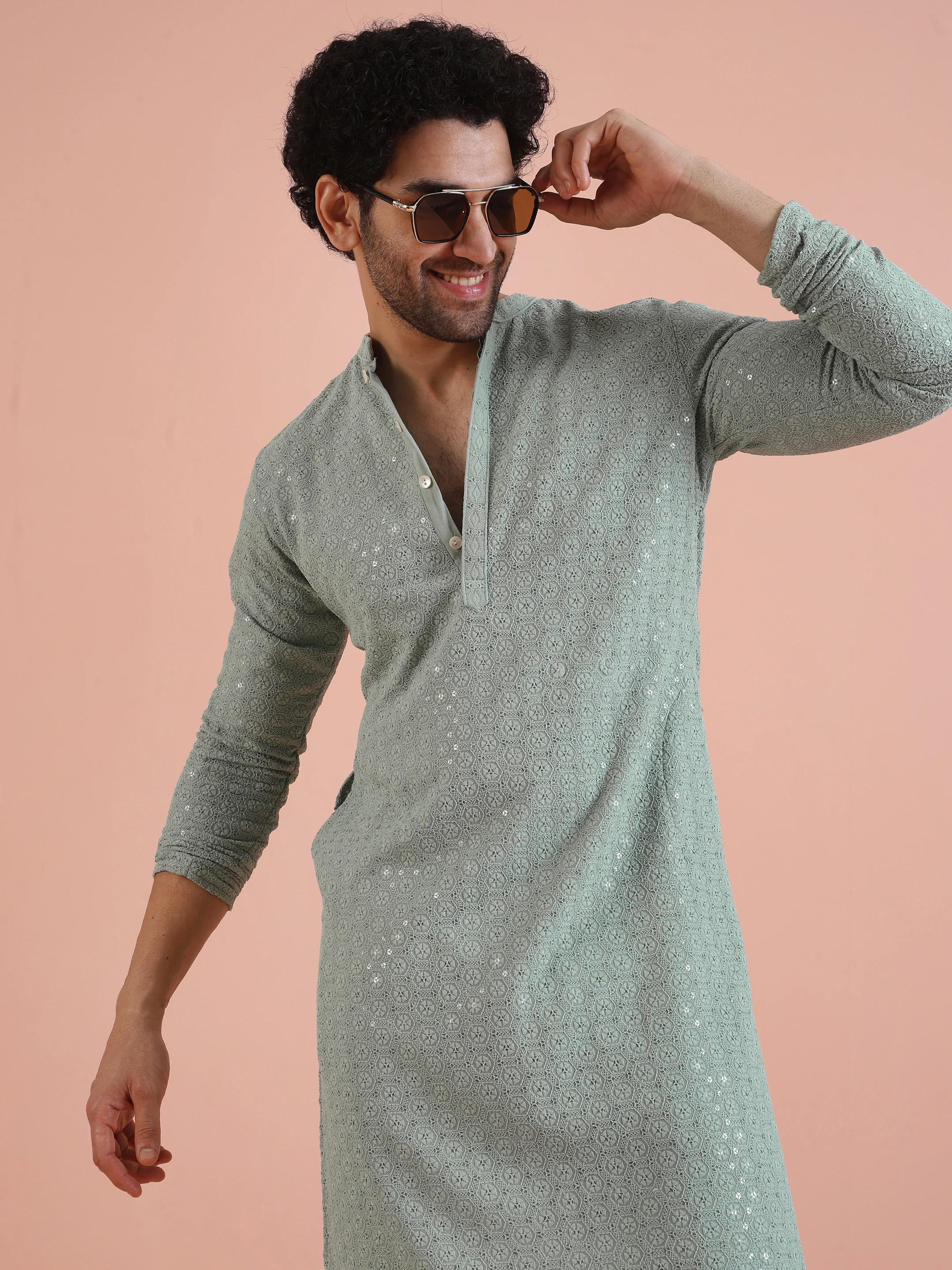 Mint Green Printed Sequinned Kurta - Image 6