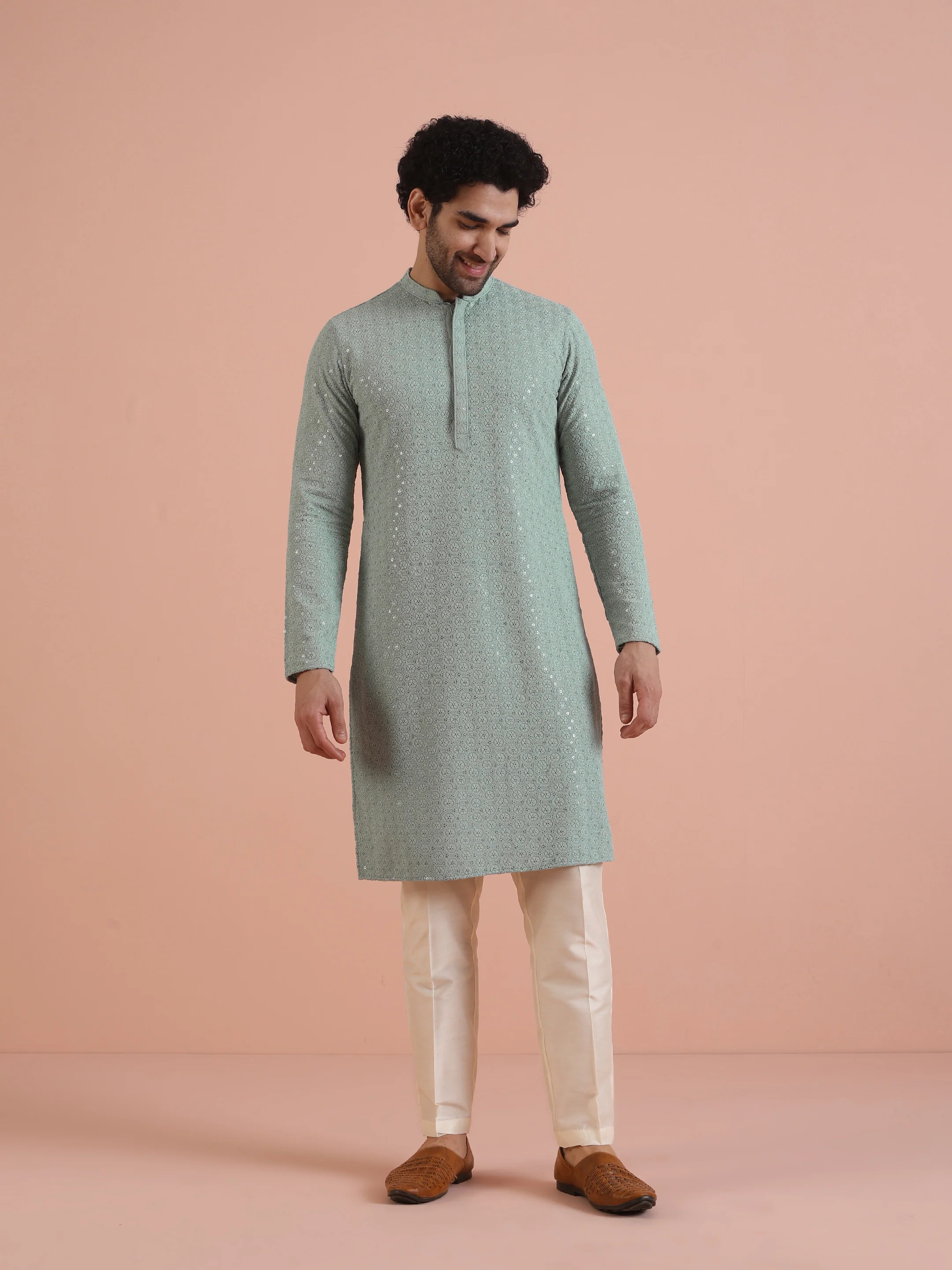 Mint Green Printed Sequinned Kurta - Image 8