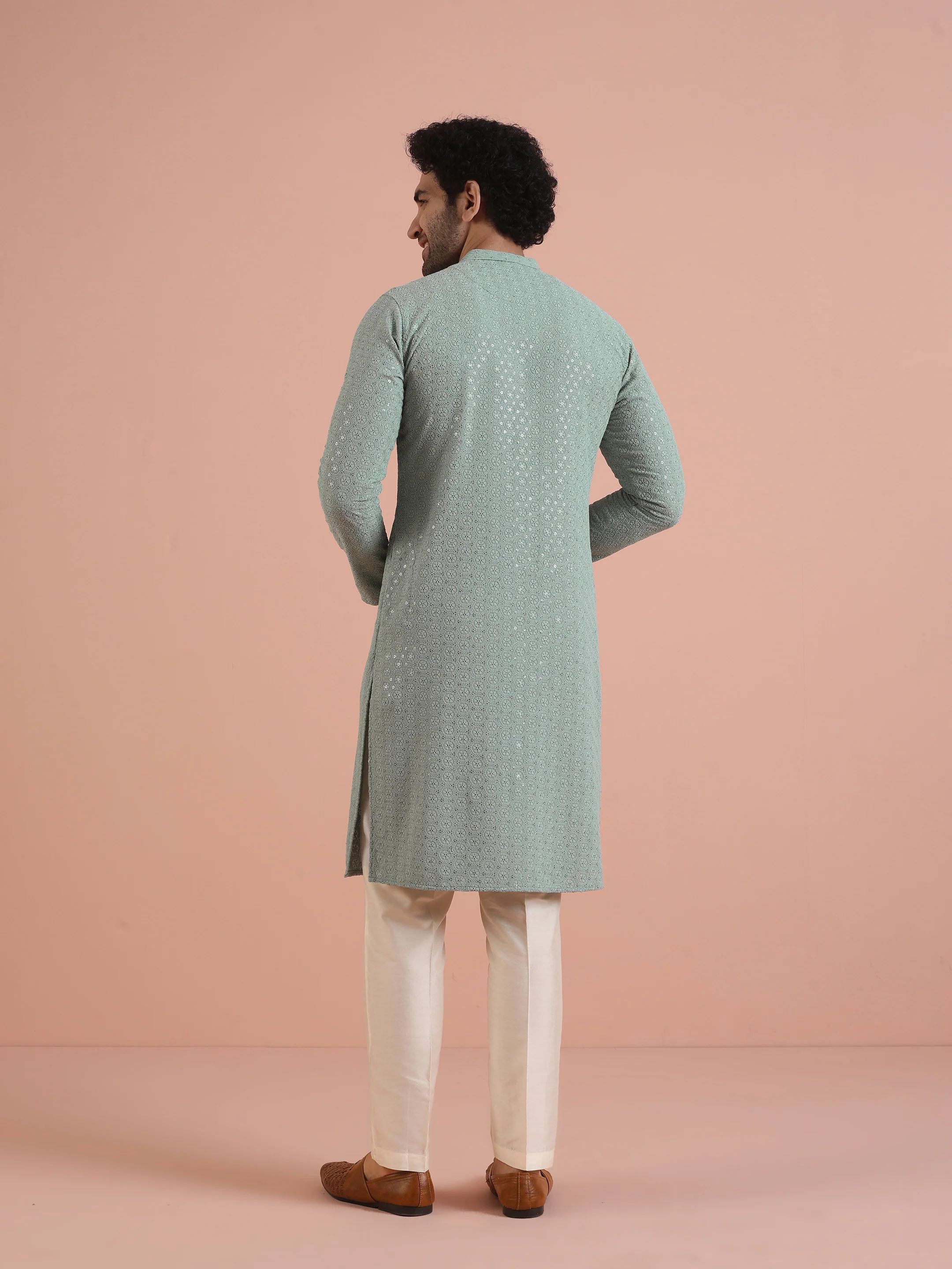 Mint Green Sequinned Kurta Cream Trouser Set - Image 4