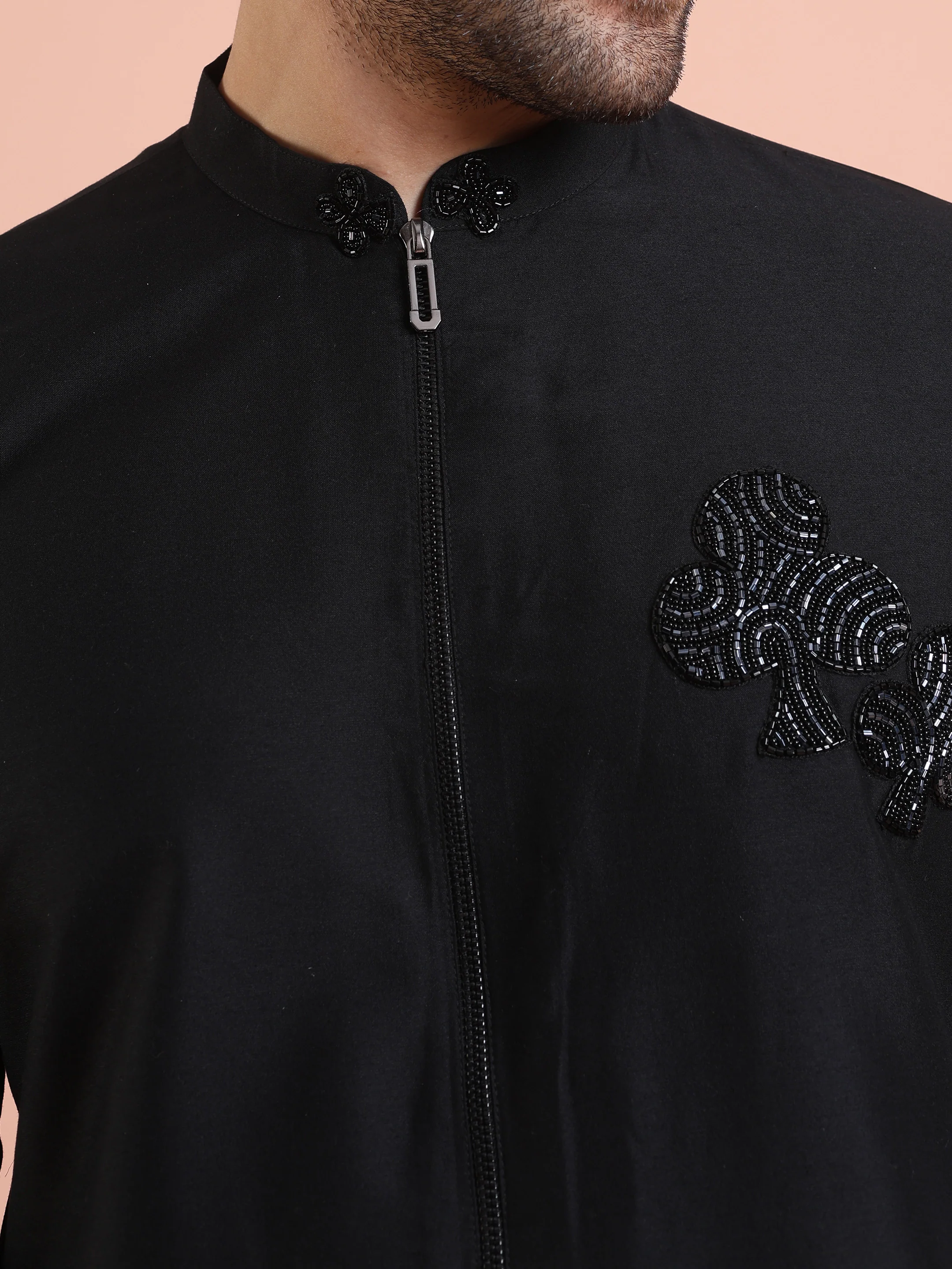 Men Black Solid Kurta Trouser Set with Patch Work - Image 5