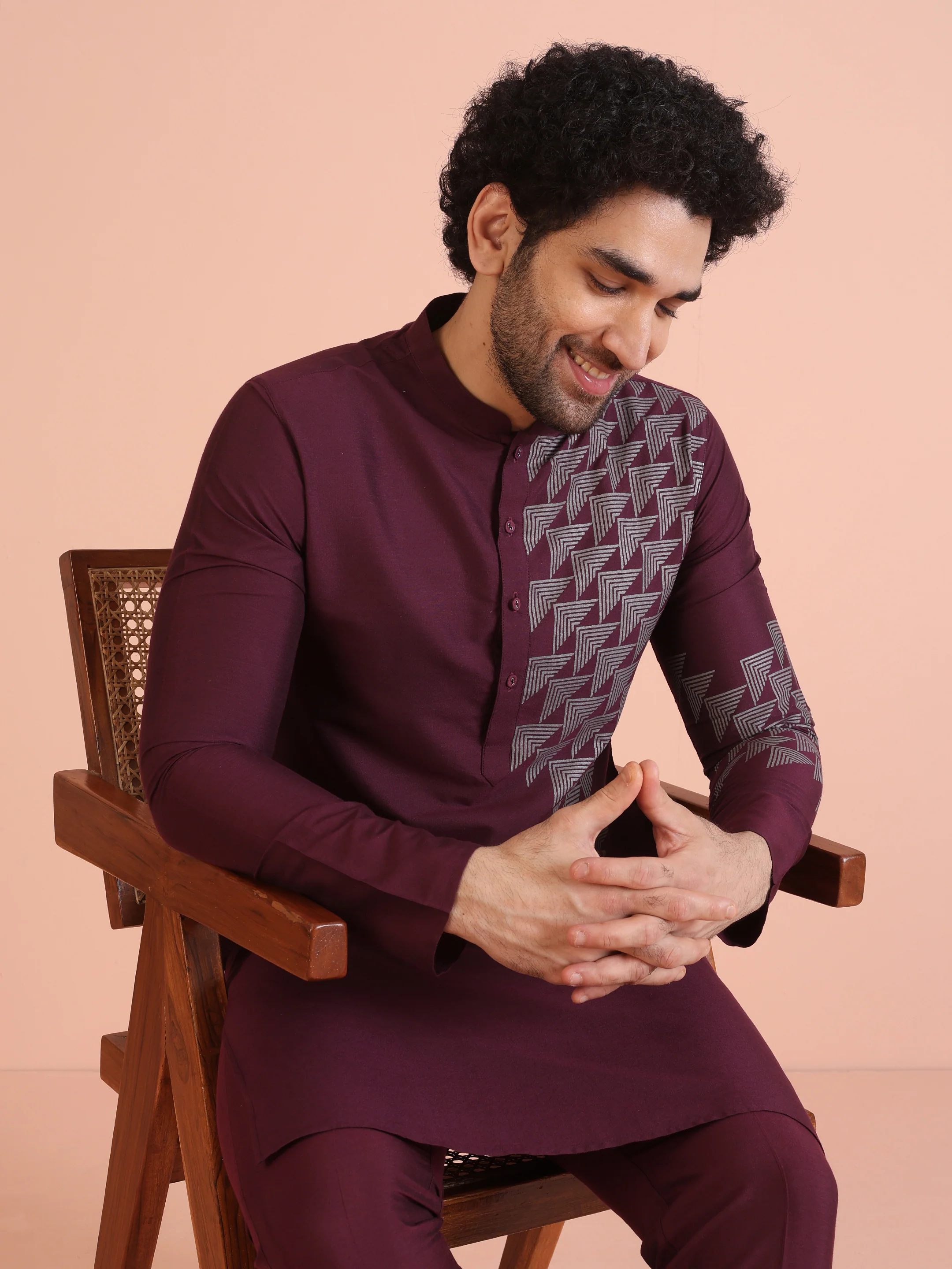 Men Wine Printed Geometric Kurta