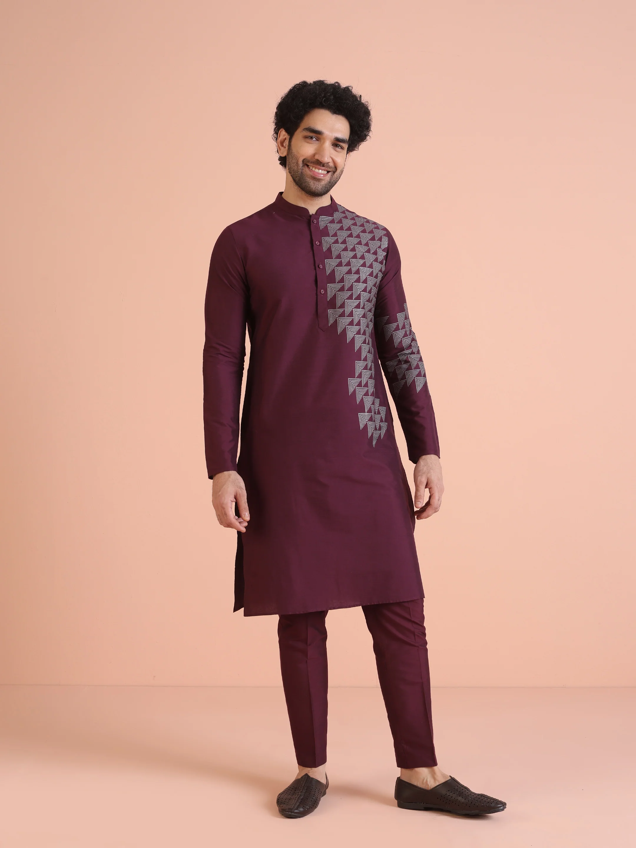 Men Wine Printed Geometric Kurta Trouser Set - Image 3