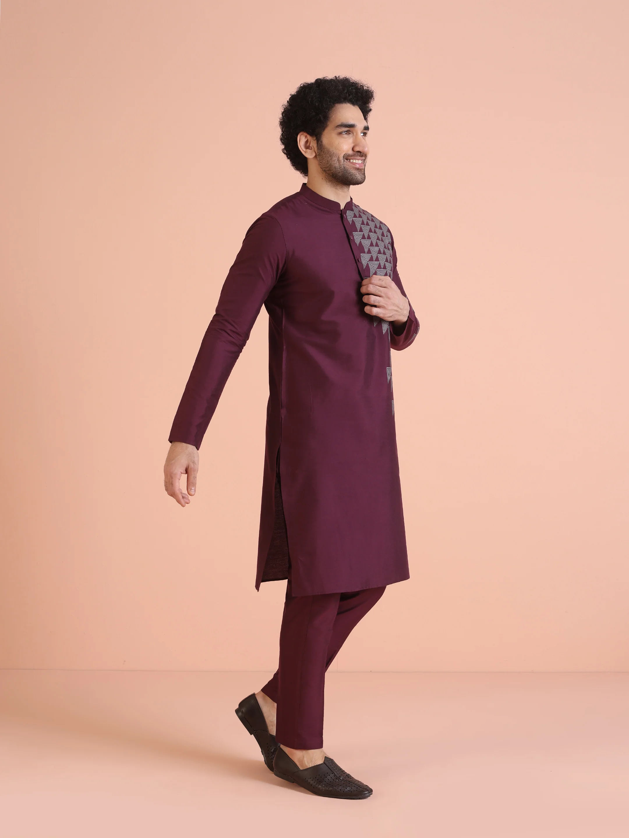 Men Wine Printed Geometric Kurta Trouser Set - Image 6