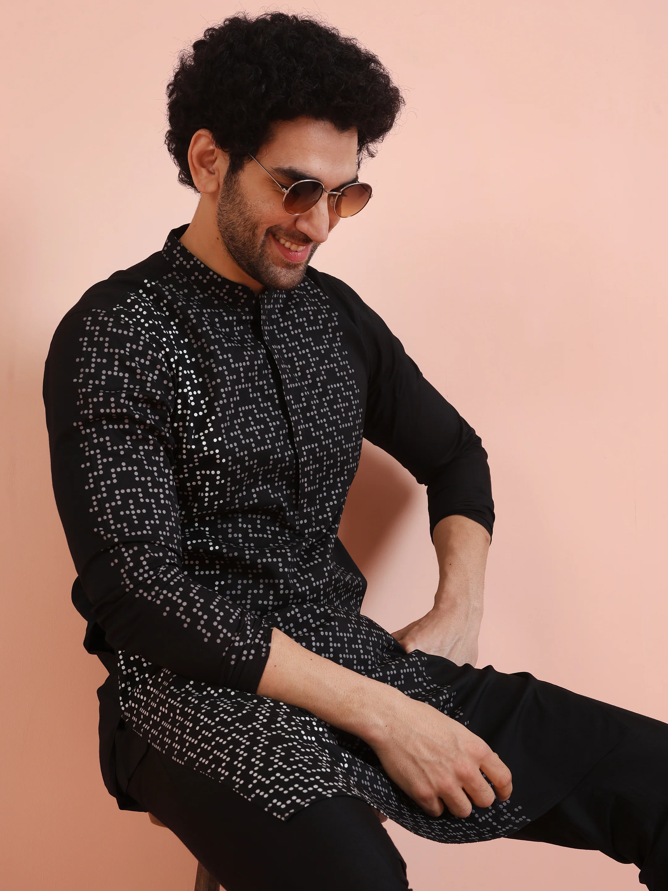 Men Black Printed Geometric Kurta Trouser Set - Image 7