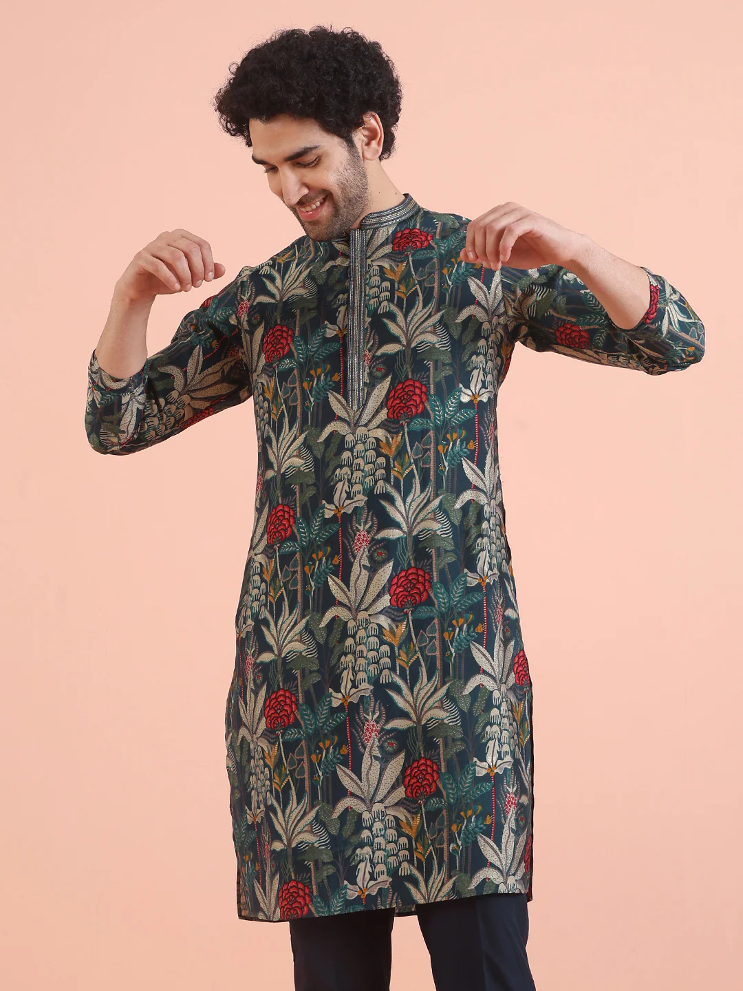 Multicolor Botanical Printed Silk Blend Kurta