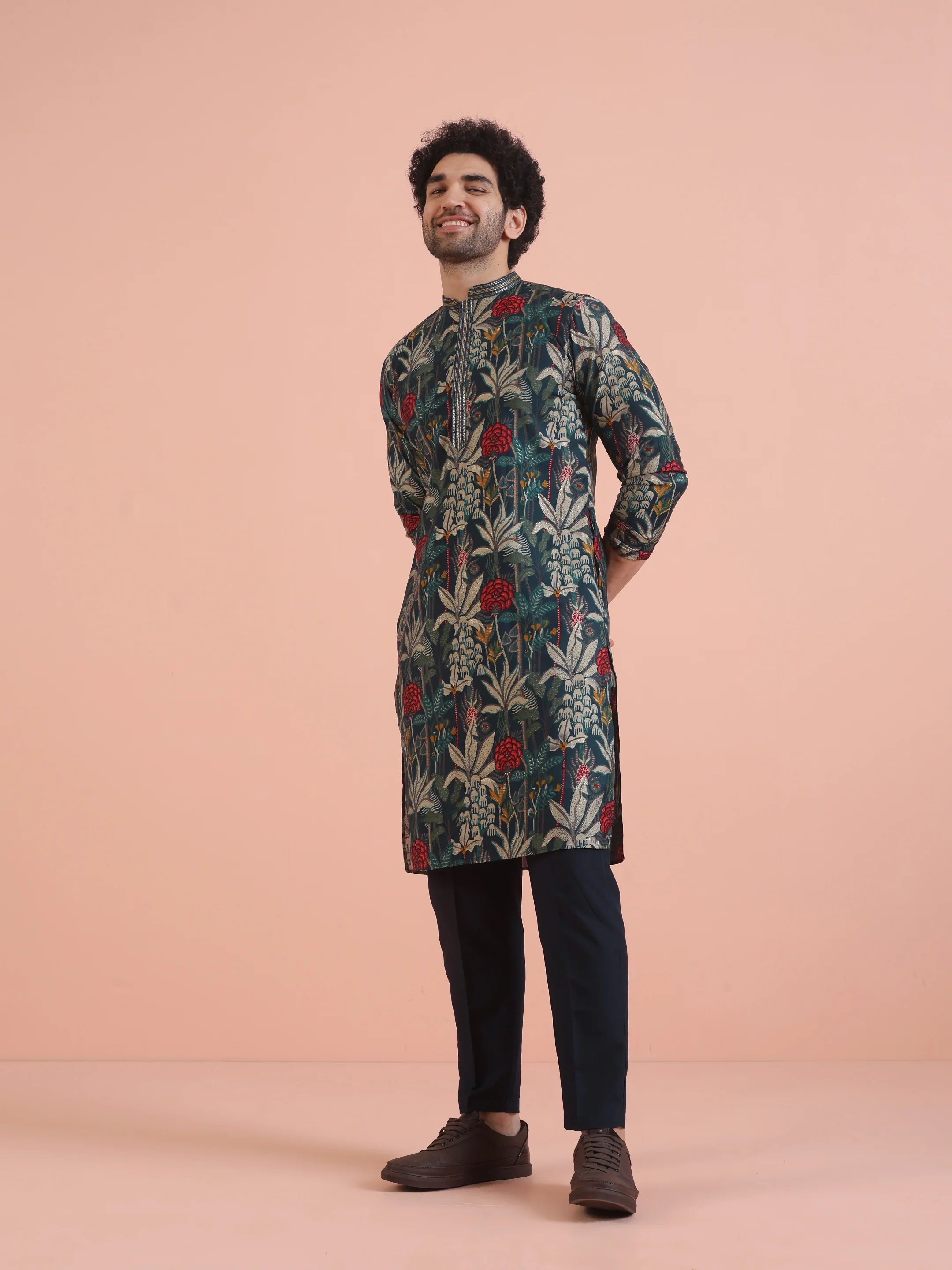 Navy Blue Floral Kurta Trouser Set - Image 3