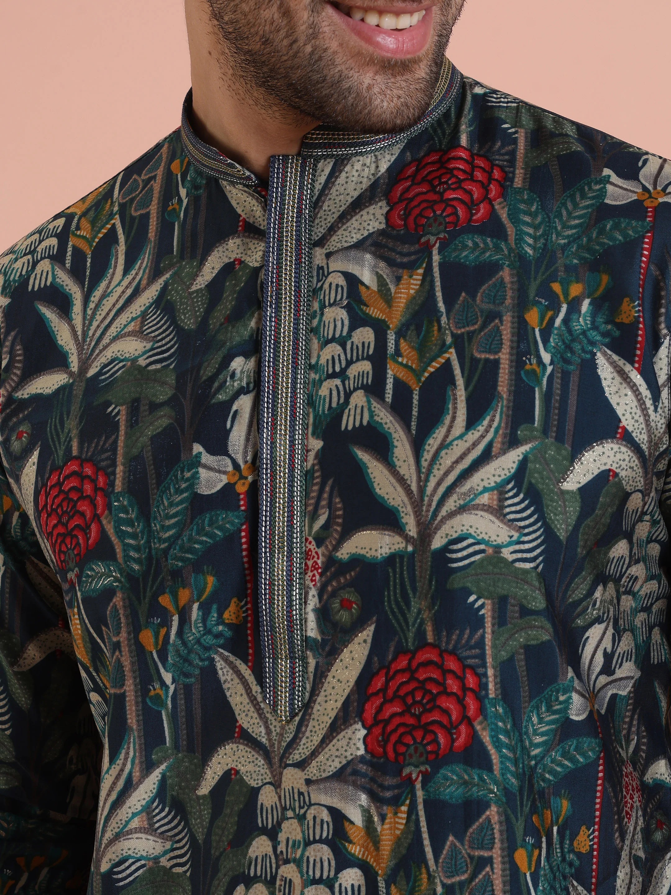 Navy Blue Floral Kurta Trouser Set - Image 5
