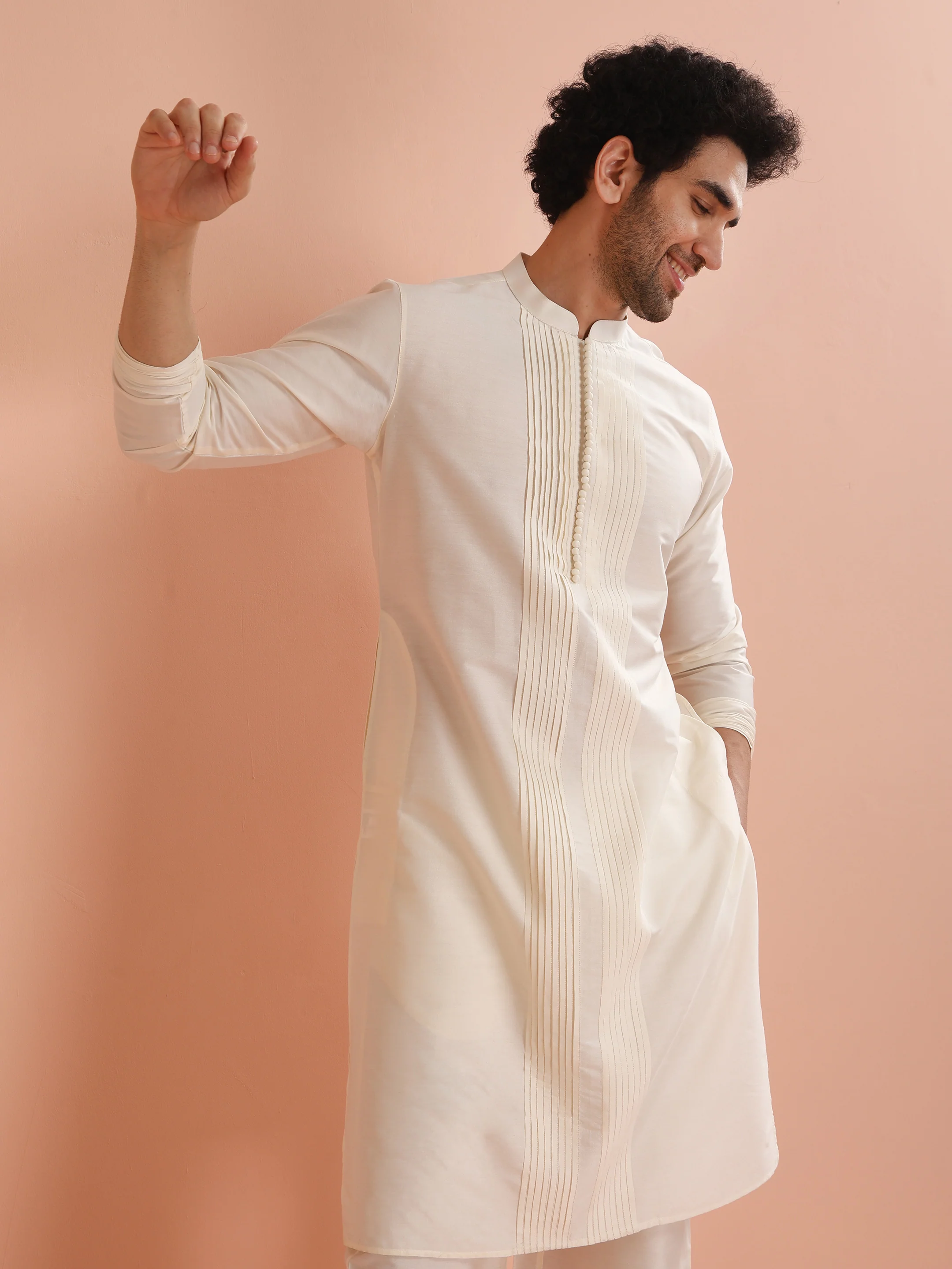 Cream Silk Blend Pintuck Solid Kurta - Image 6