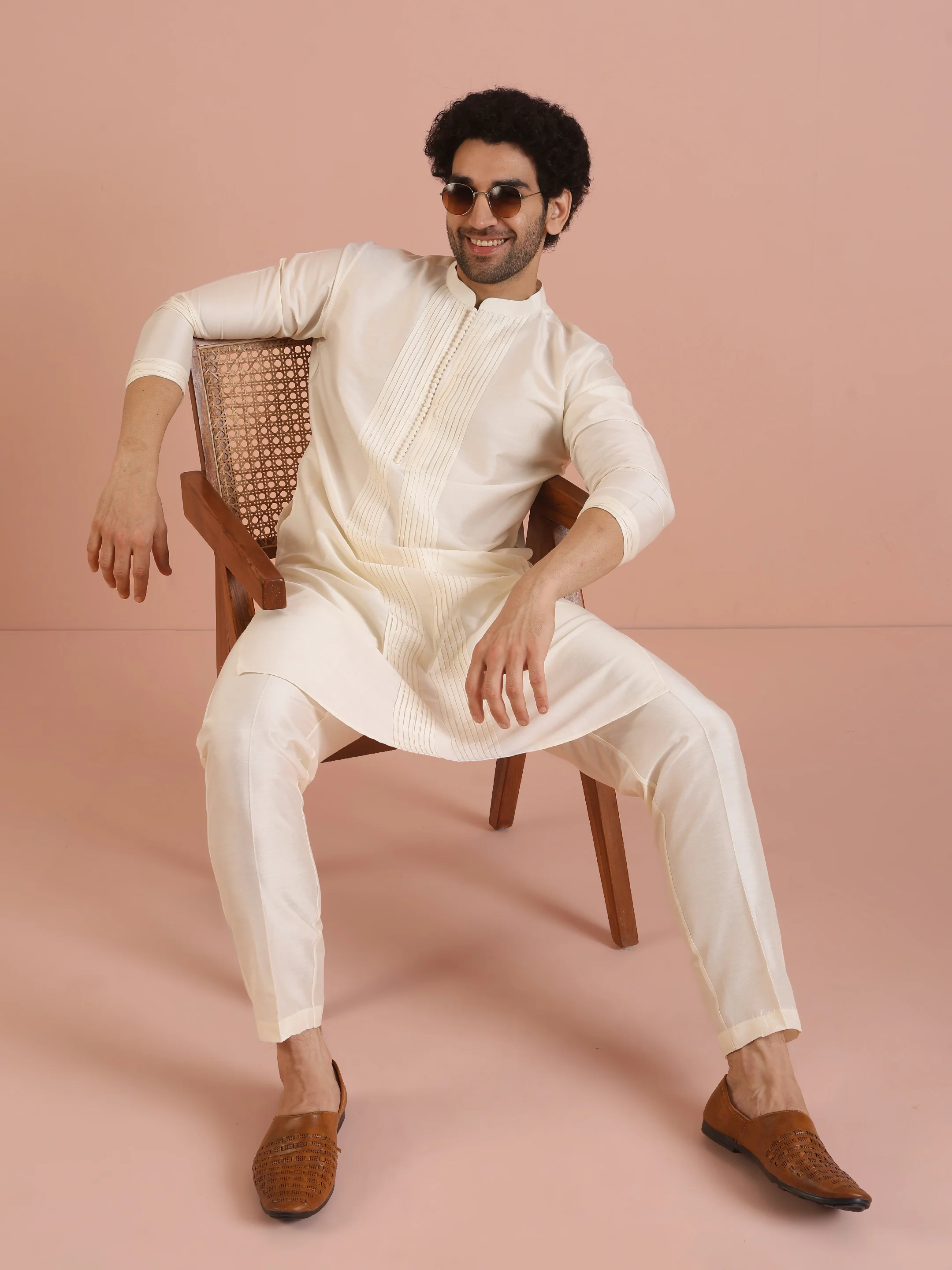 Cream Silk Blend Kurta Trouser Set