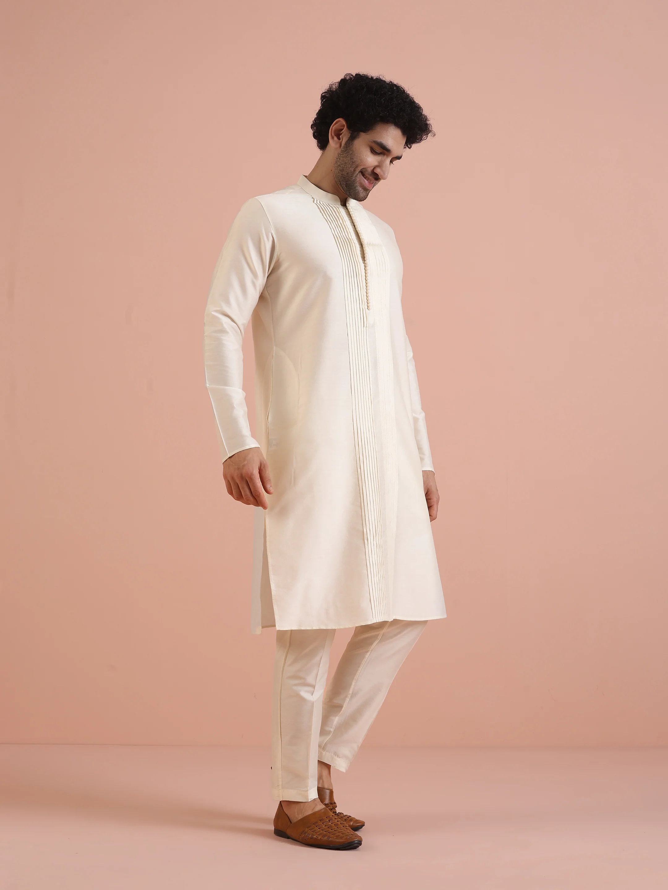 Cream Silk Blend Kurta Trouser Set - Image 2