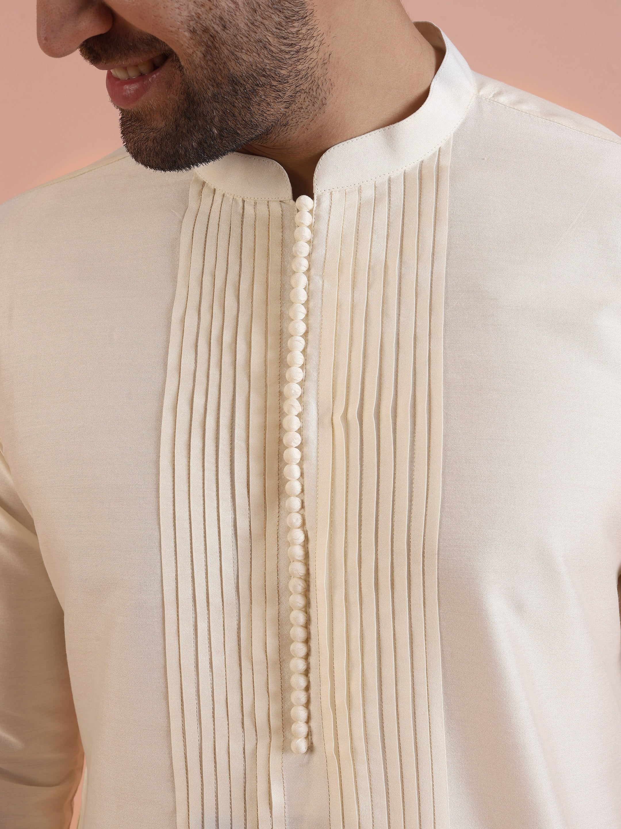Cream Silk Blend Kurta Trouser Set - Image 5