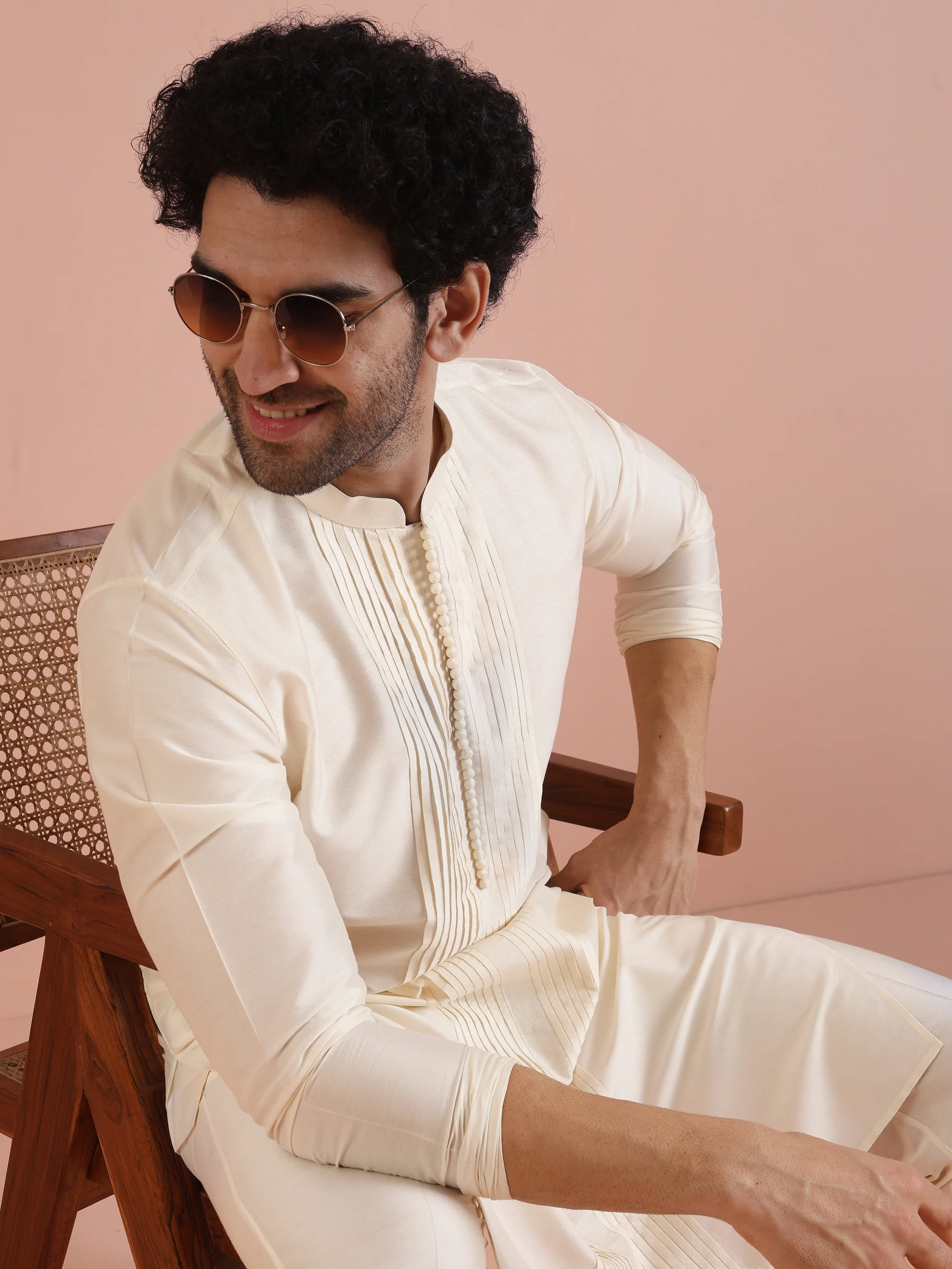 Cream Silk Blend Kurta Trouser Set - Image 7