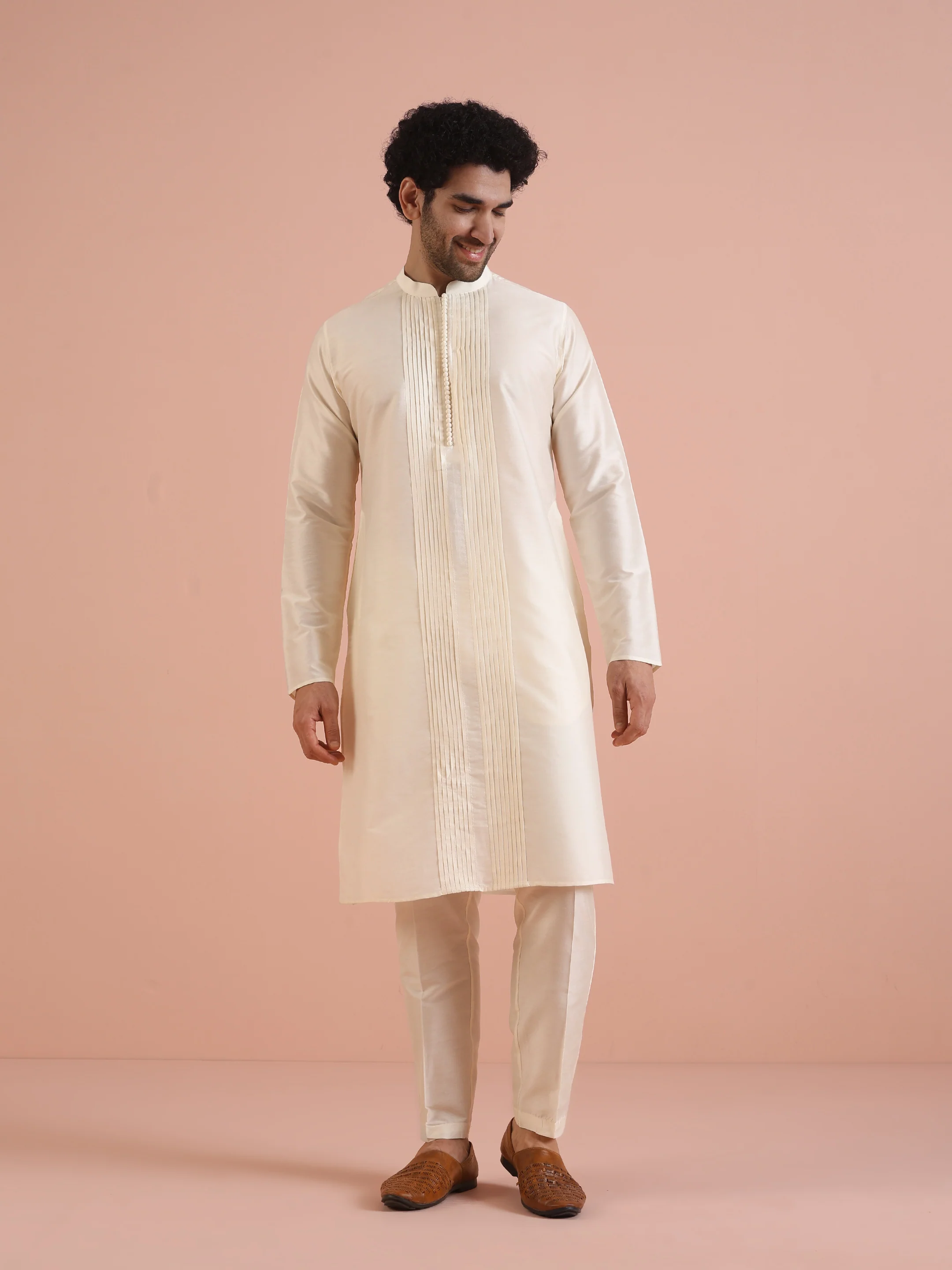 Cream Silk Blend Kurta Trouser Set - Image 8