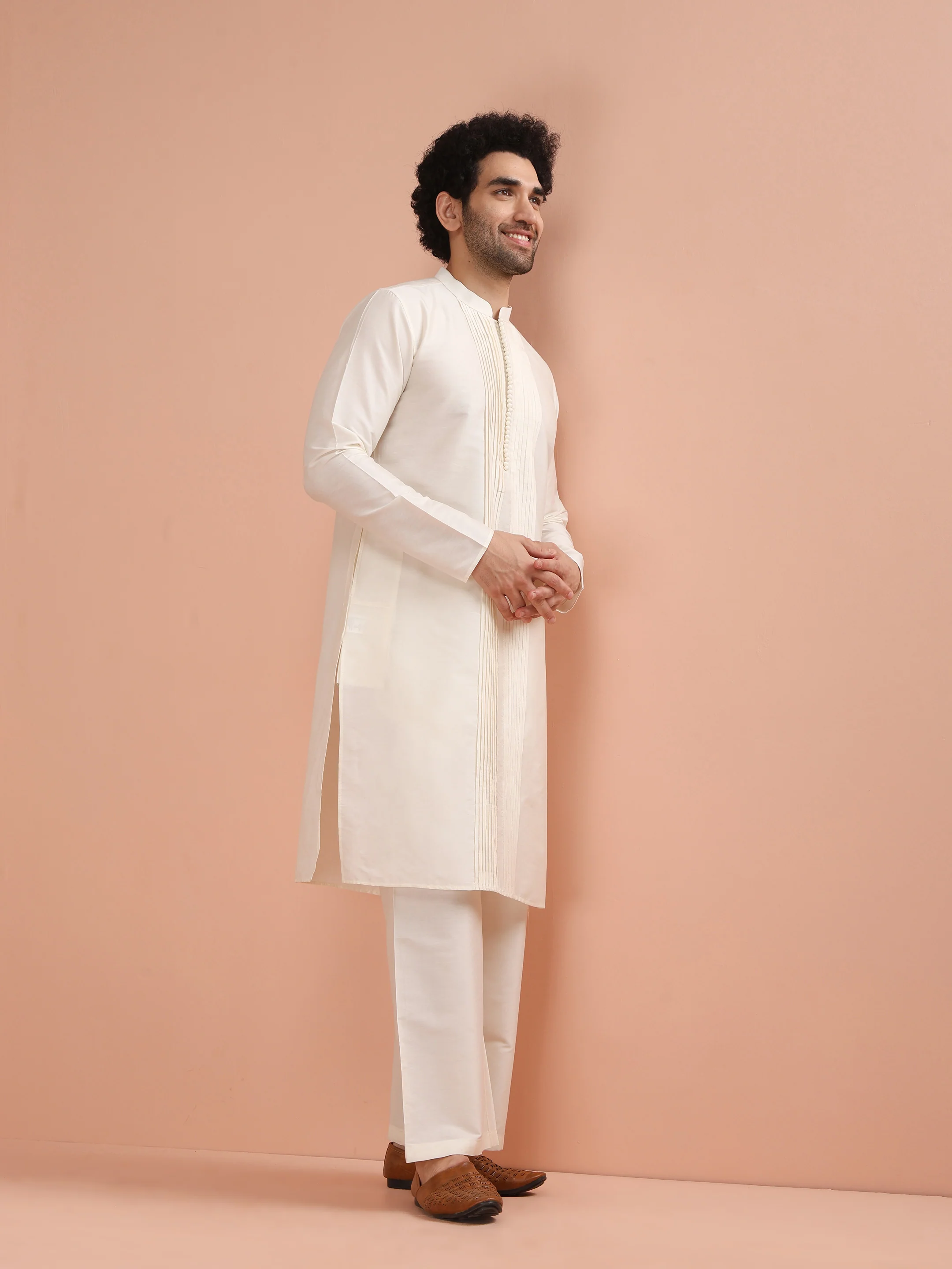 Cream Pintuck Kurta with White Wide Leg Pant - Image 3