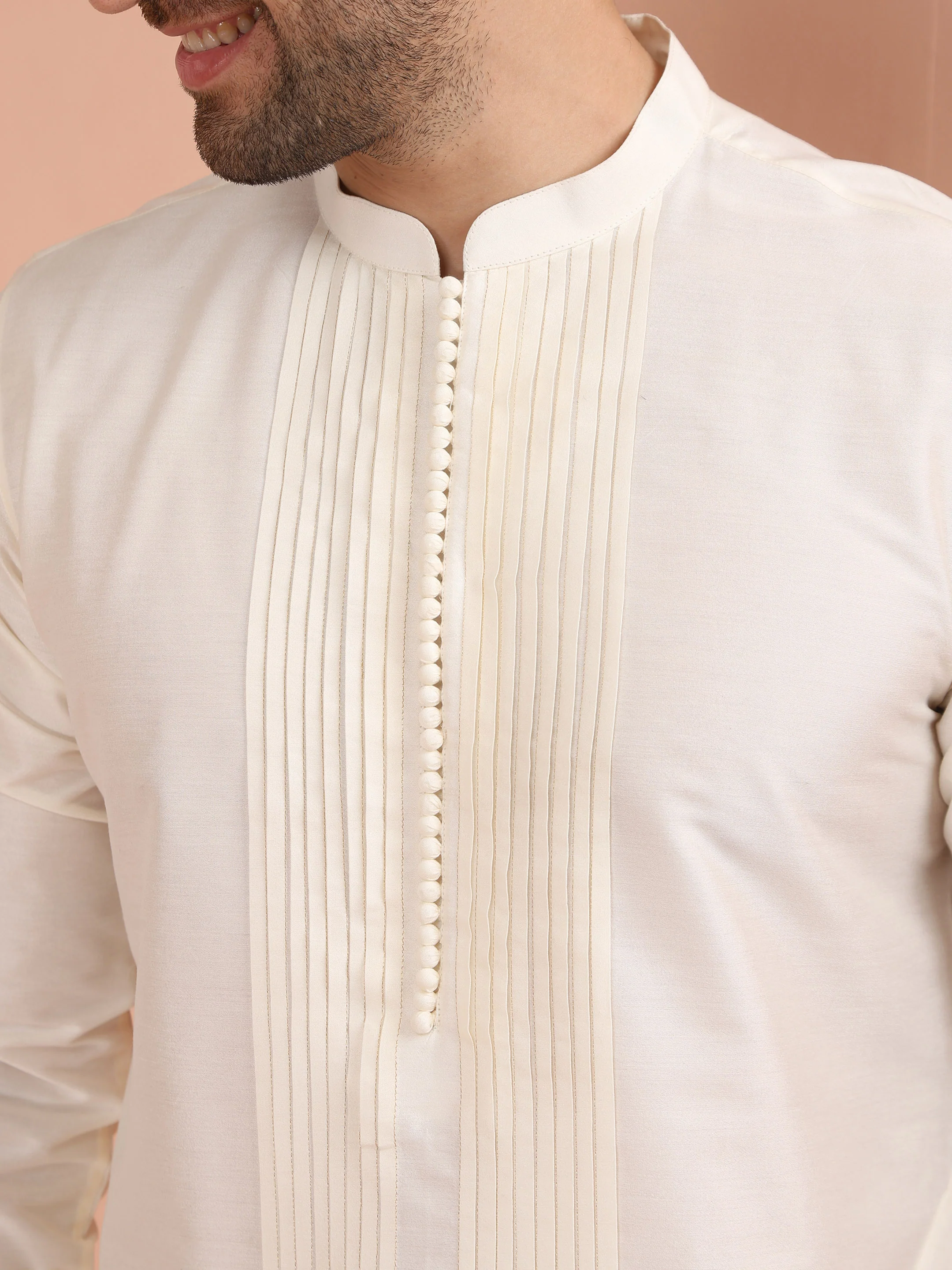 Cream Pintuck Kurta with White Wide Leg Pant - Image 5