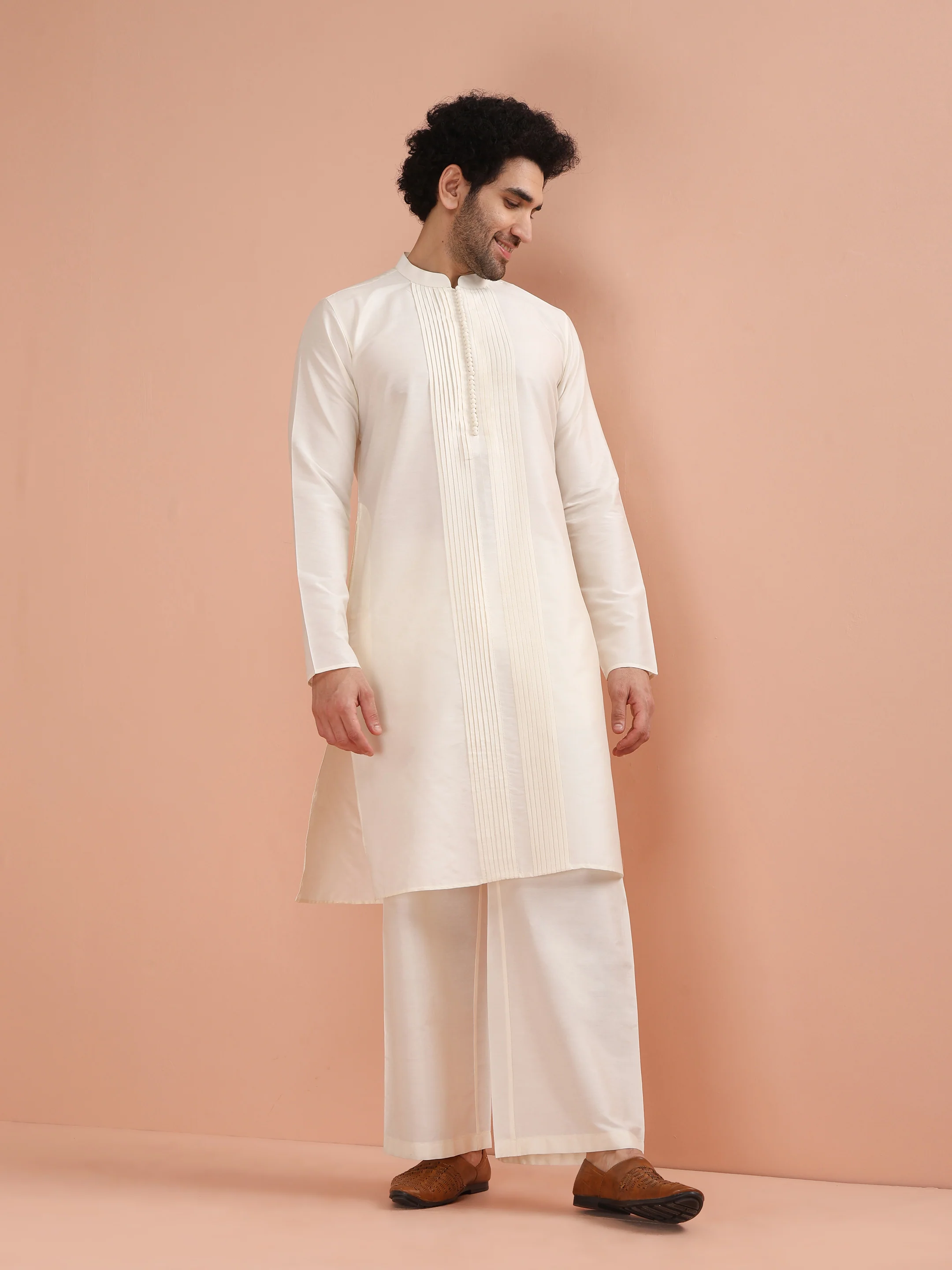 Cream Pintuck Kurta with White Wide Leg Pant - Image 8