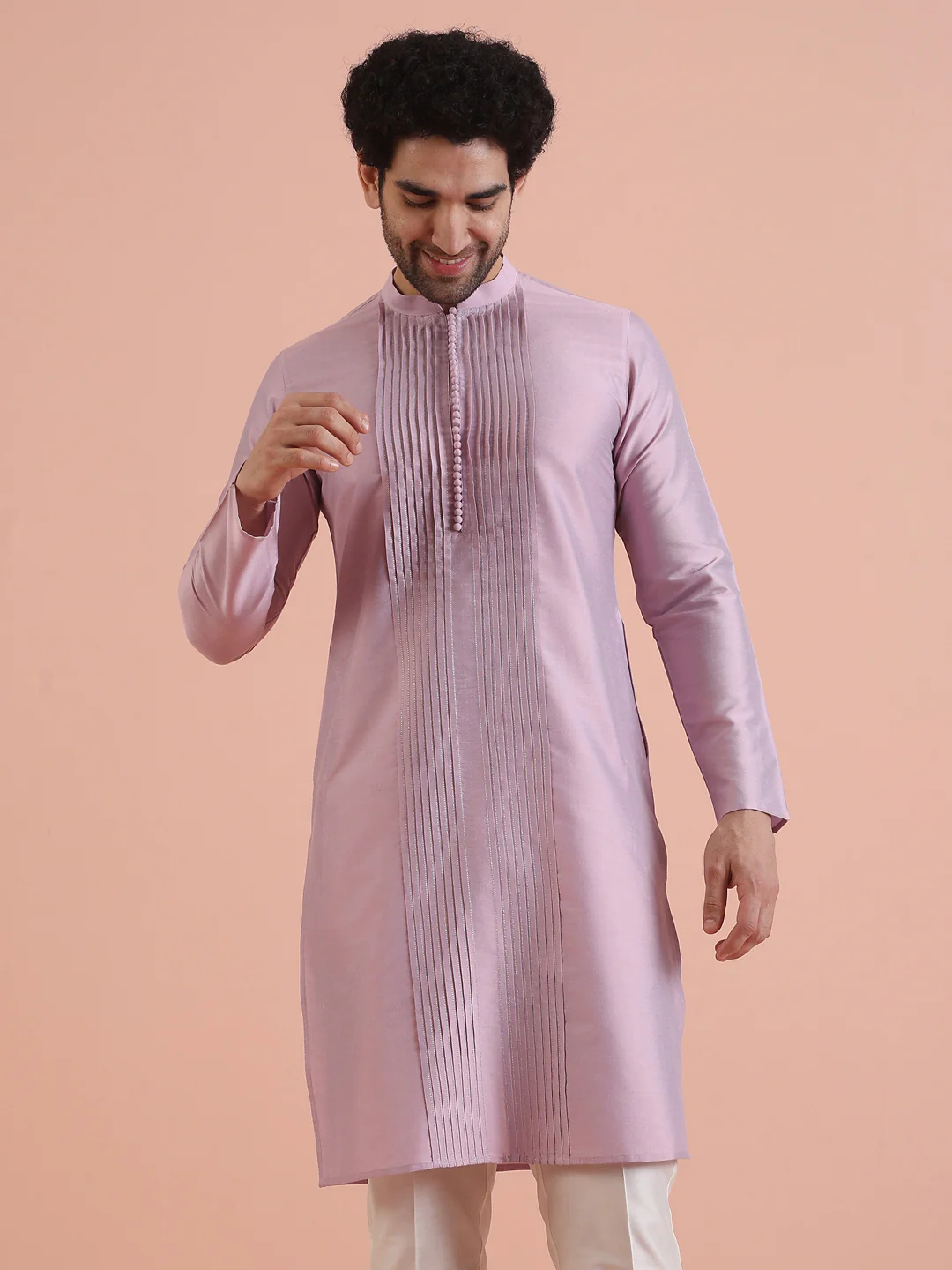 Men Onion pink Pleated Ethnic Motifs Kurta