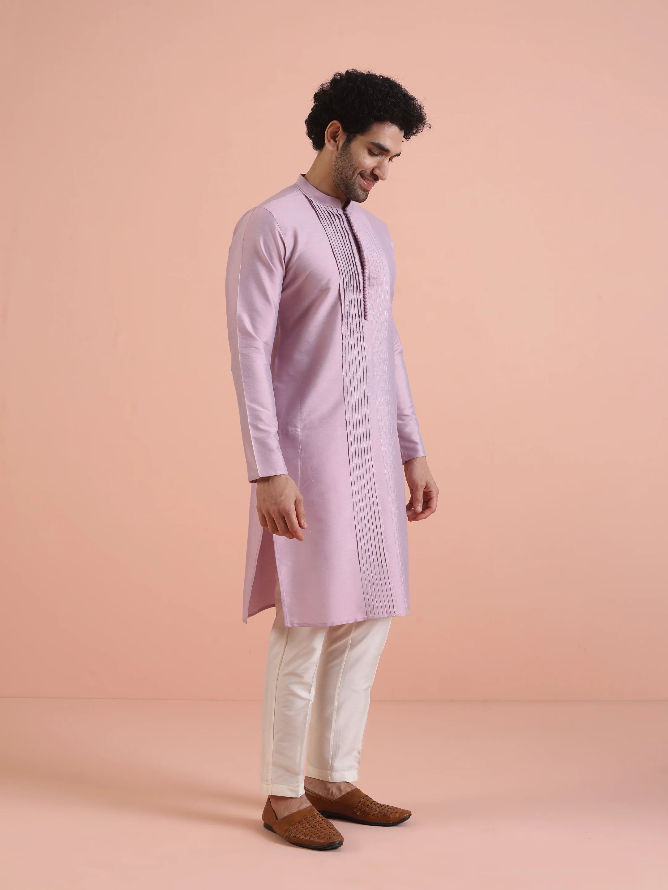 Men Onion pink Pleated Ethnic Motifs Kurta - Image 2