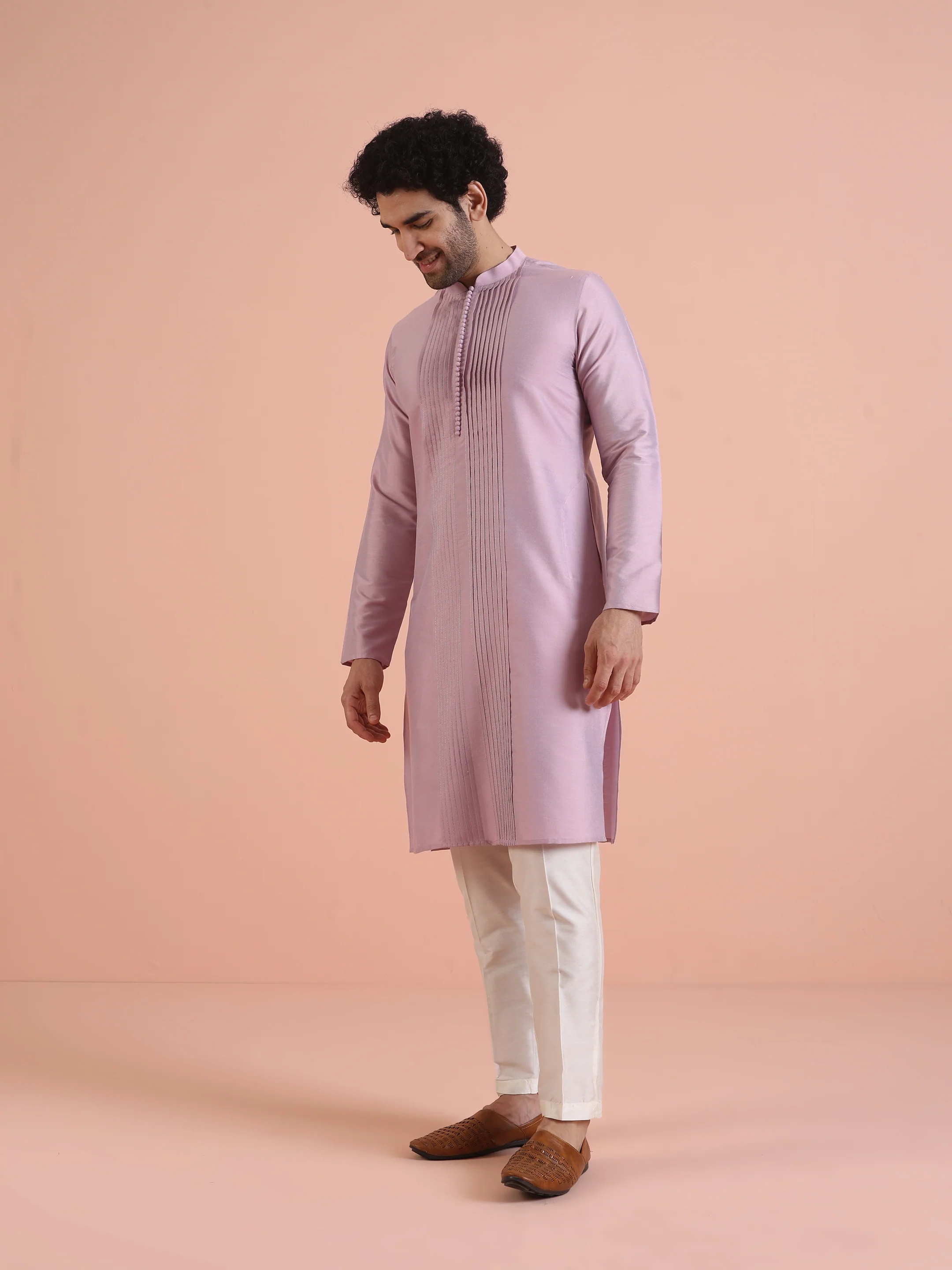 Men Onion pink Pleated Ethnic Motifs Kurta - Image 3