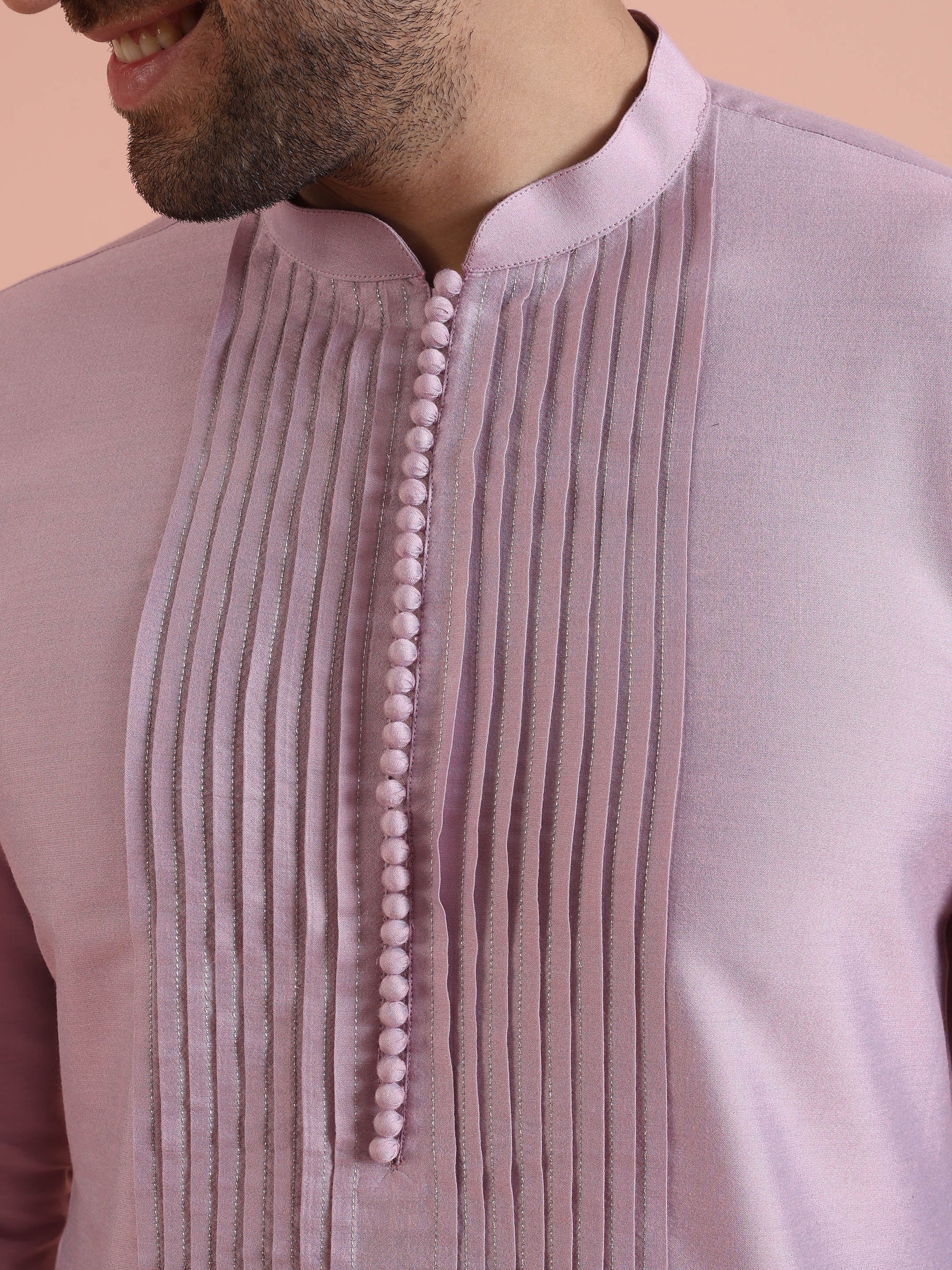 Men Onion pink Pleated Ethnic Motifs Kurta - Image 5