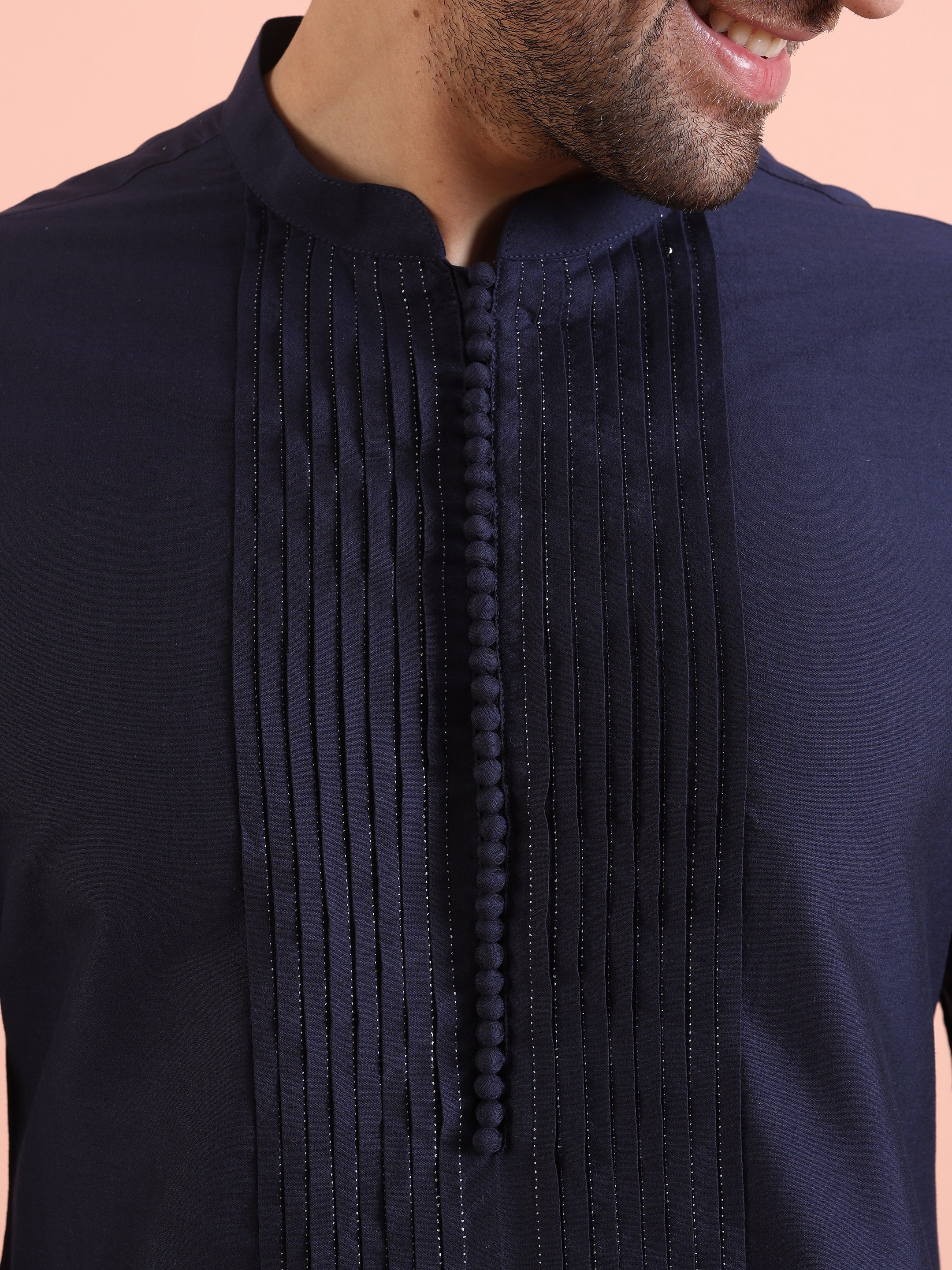 Men Navy Blue Pleated Pleated Kurta Trouser Set - Image 5