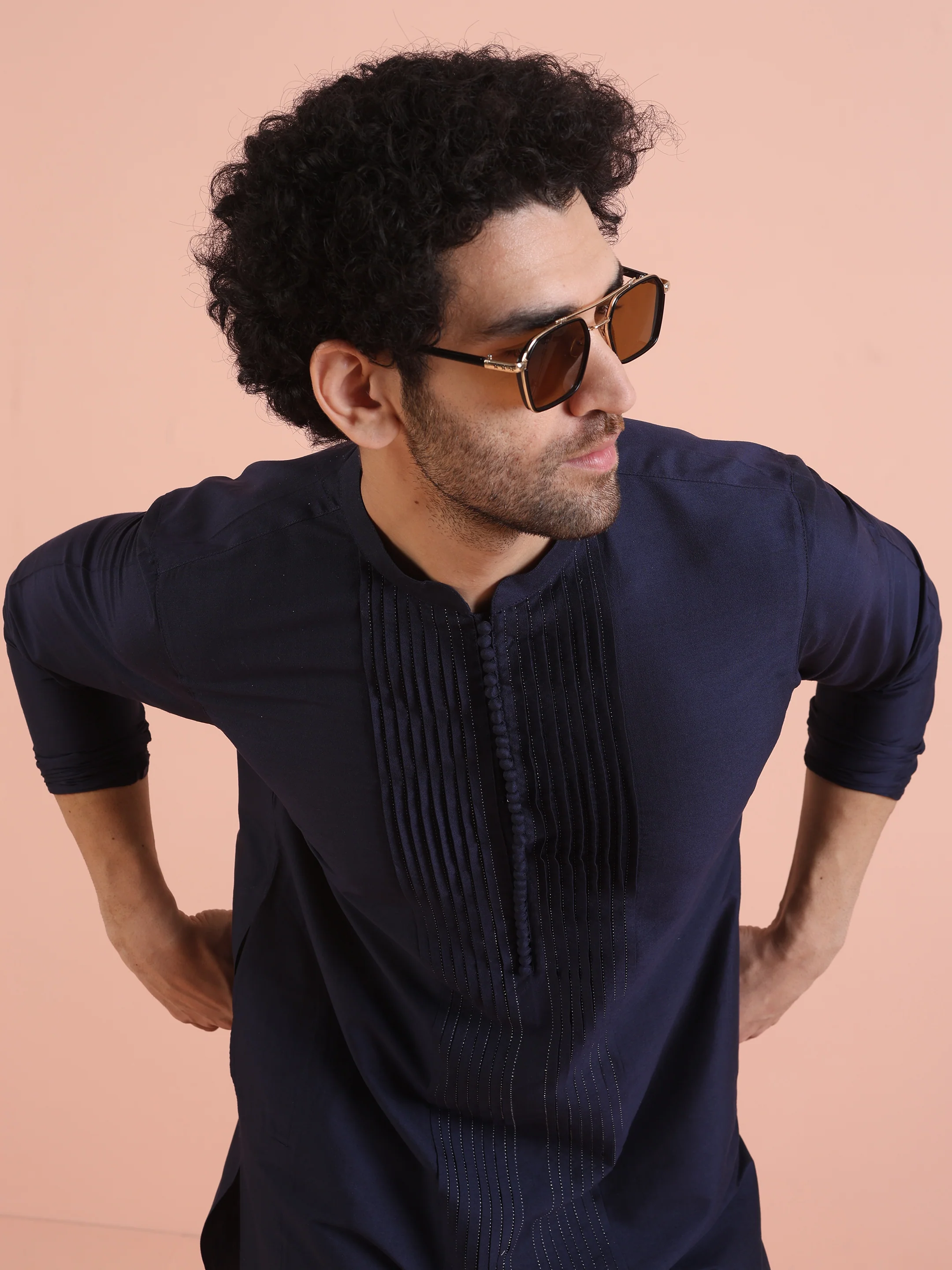 Men Navy Blue Pleated Pleated Kurta Trouser Set - Image 7