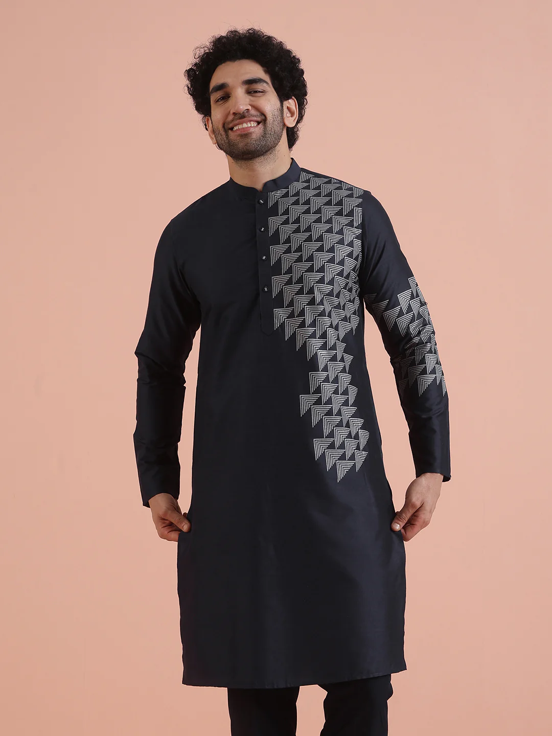 Men Navy Blue Printed Geometric Kurta