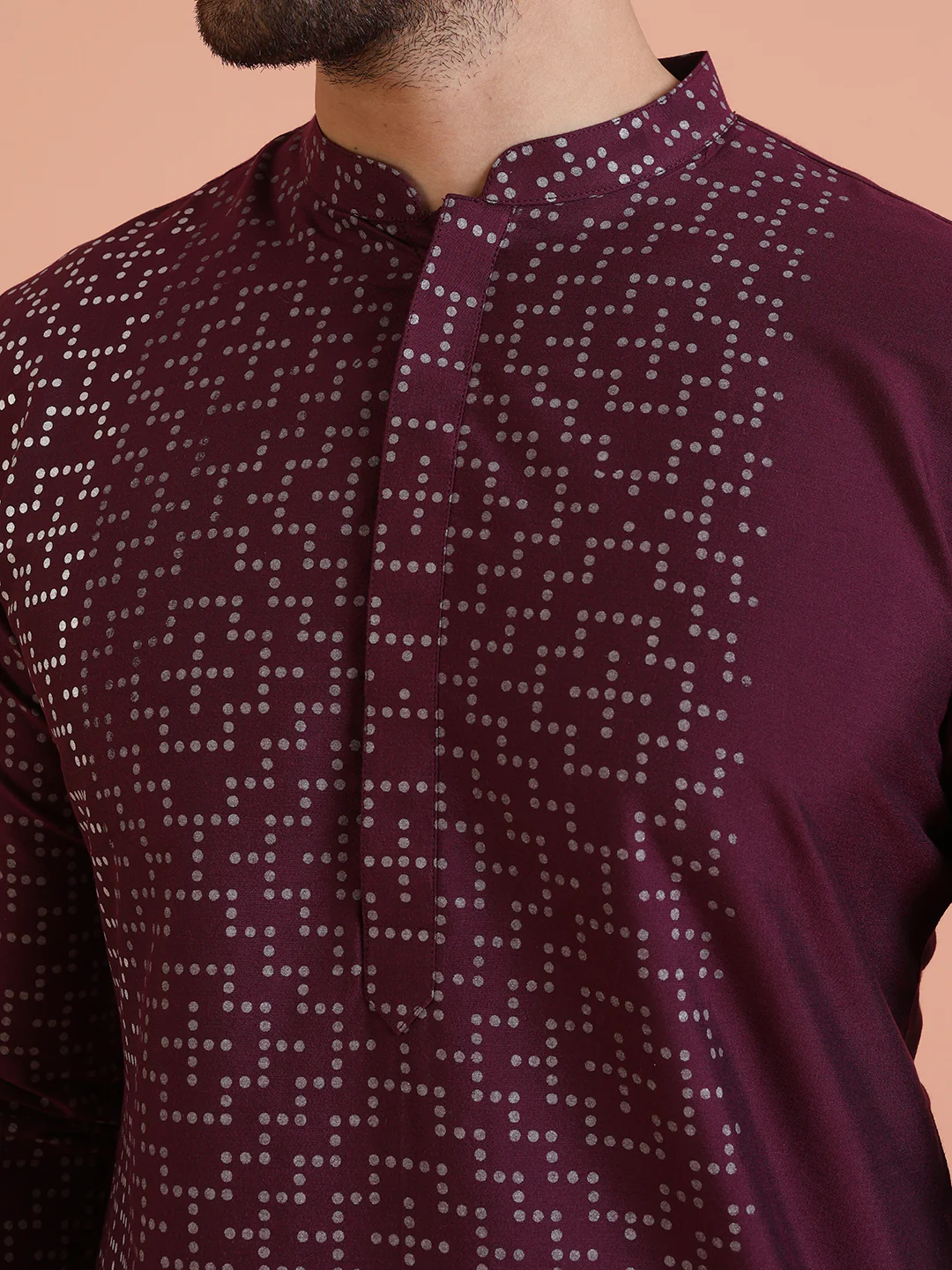 Wine Silk Blend Kurta Geometric Printed Long Kurta with Matching Trouser Set - Image 5