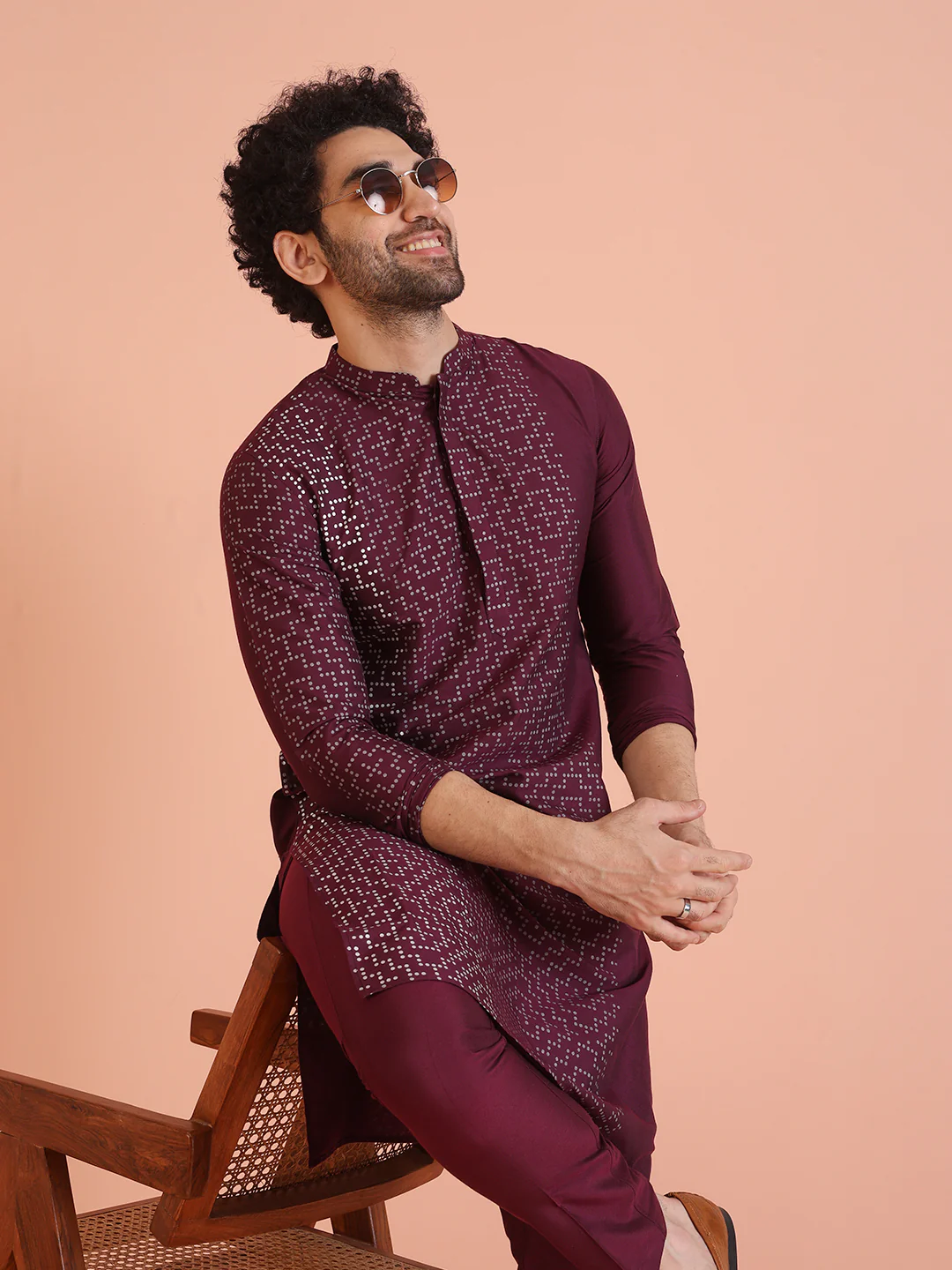 Wine Silk Blend Kurta Geometric Printed Long Kurta with Matching Trouser Set - Image 7