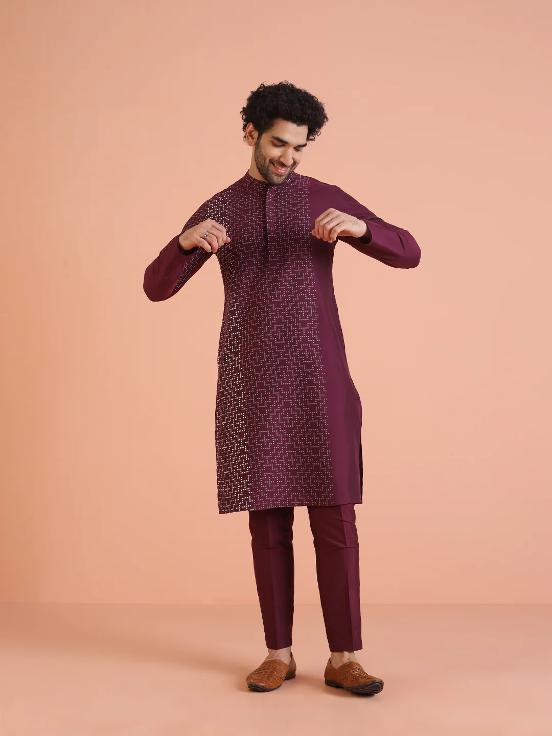 Wine Silk Blend Kurta Geometric Printed Long Kurta with Matching Trouser Set - Image 8