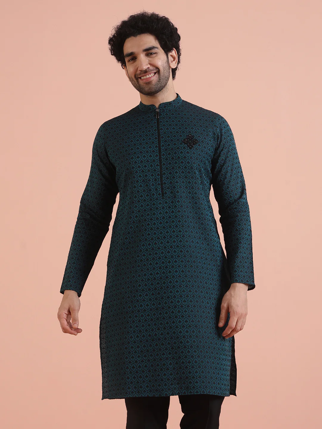 Men Teal Jacquard Patch Work Kurta