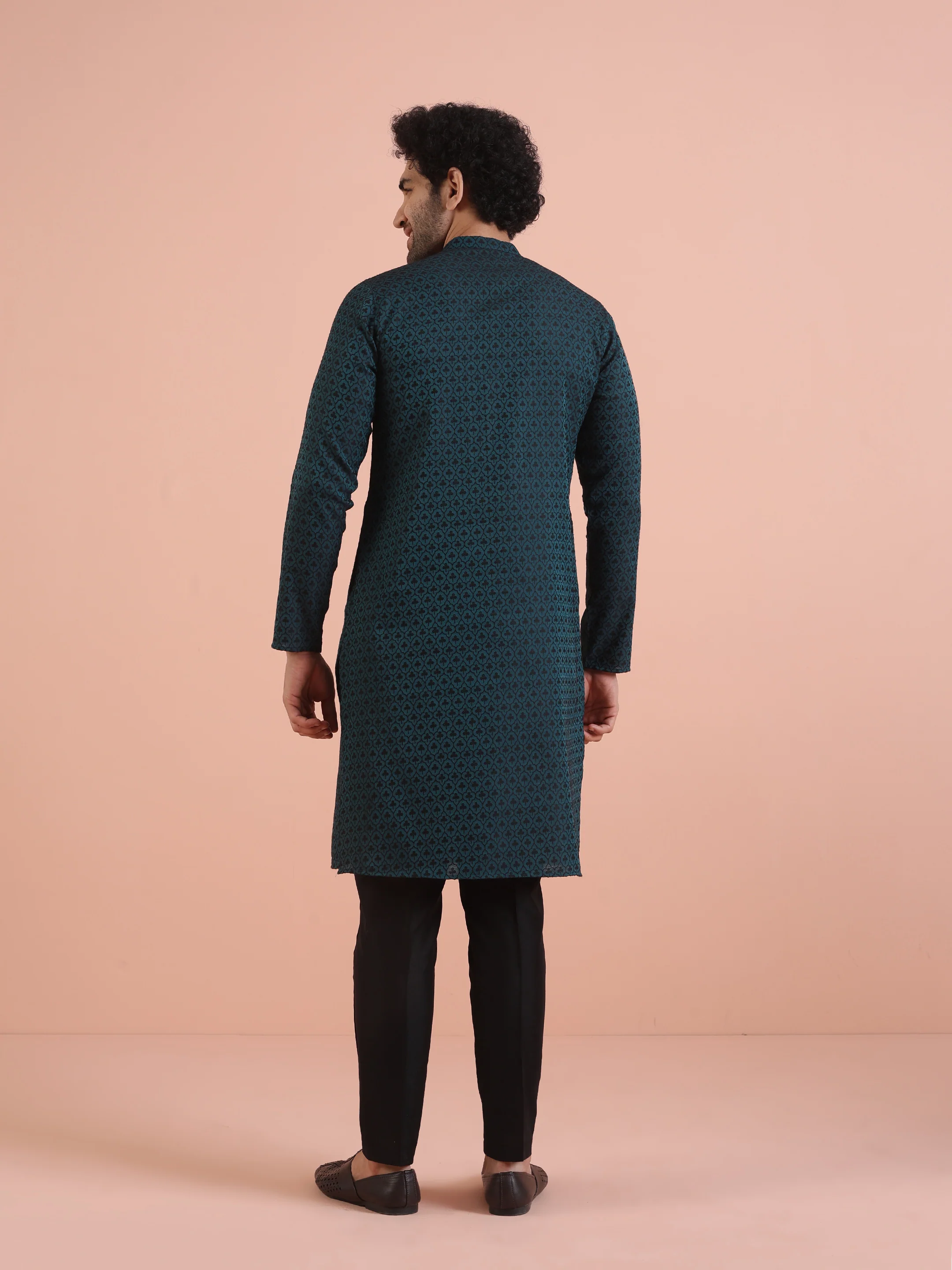 Men Teal Jacquard Patch Work Kurta - Image 4