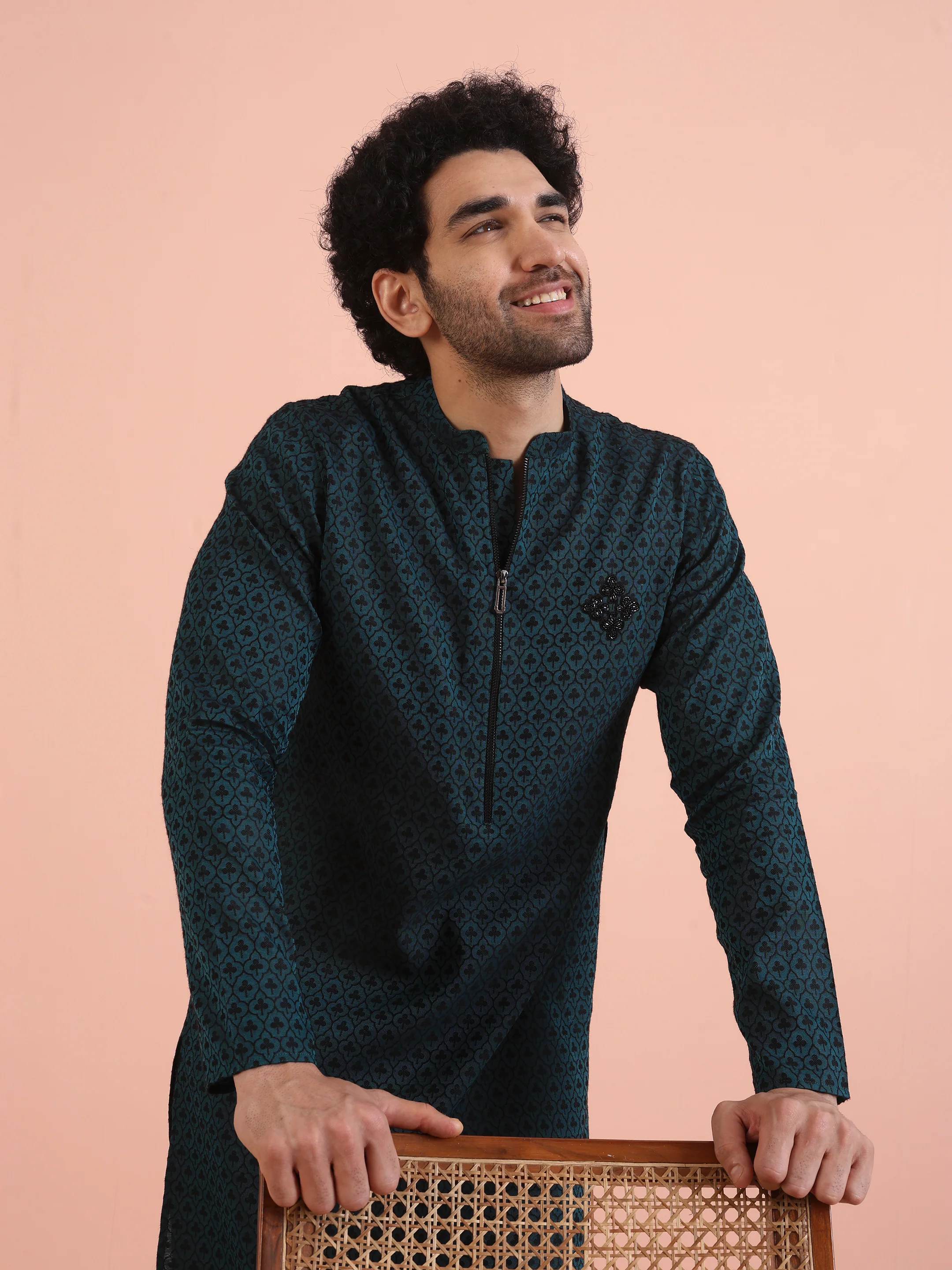 Men Teal Jacquard Patch Work Kurta - Image 6