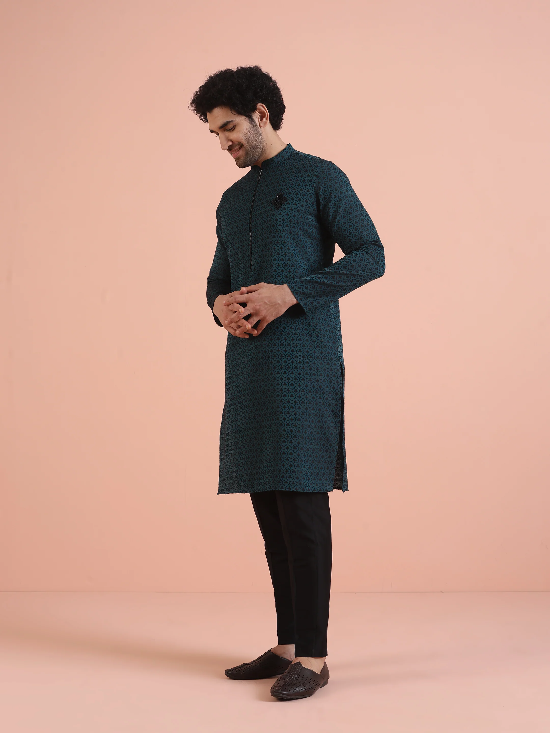 Men Teal Jacquard Patch Work Kurta Trouser Set - Image 3