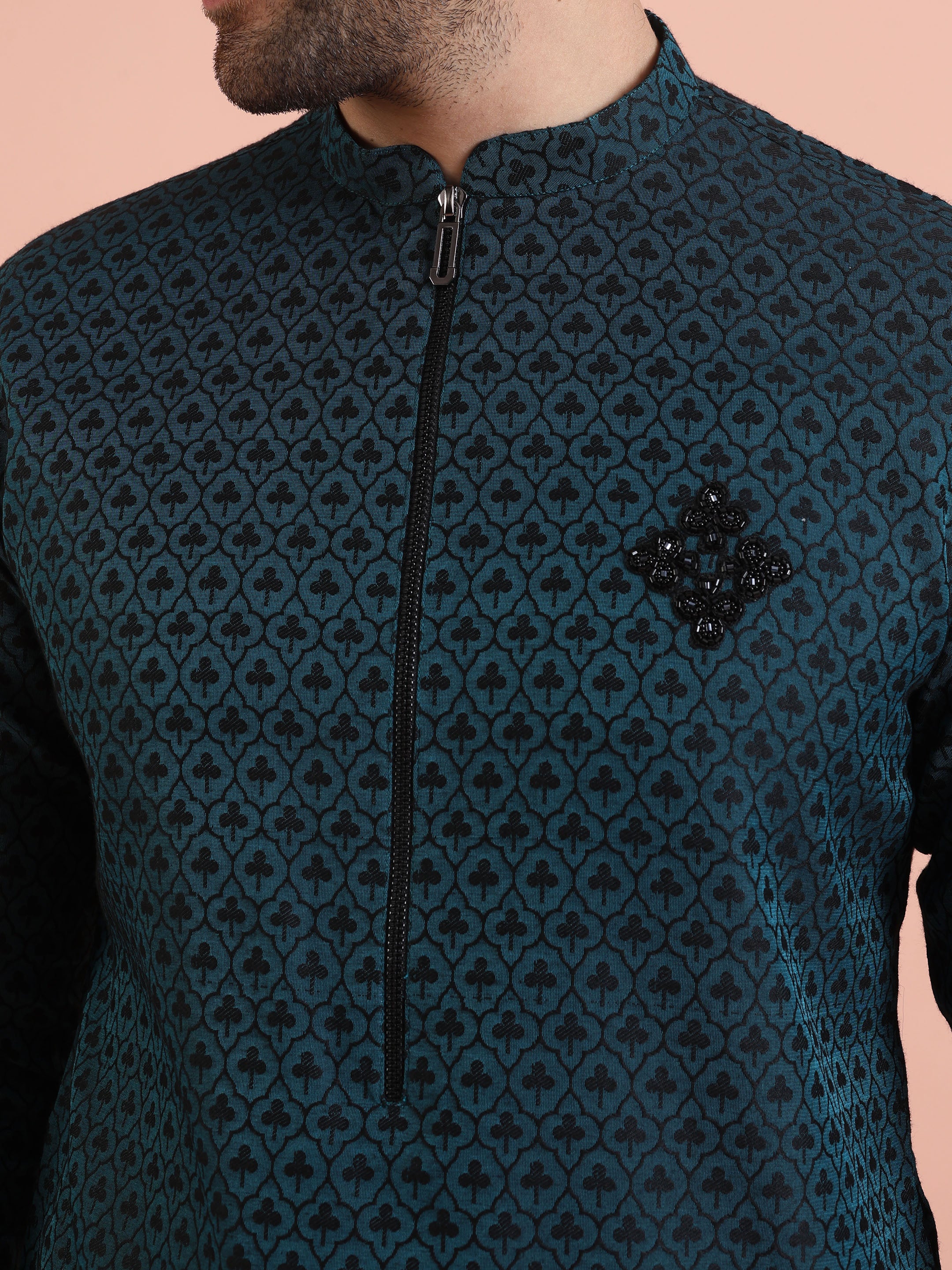 Men Teal Jacquard Patch Work Kurta Trouser Set - Image 5