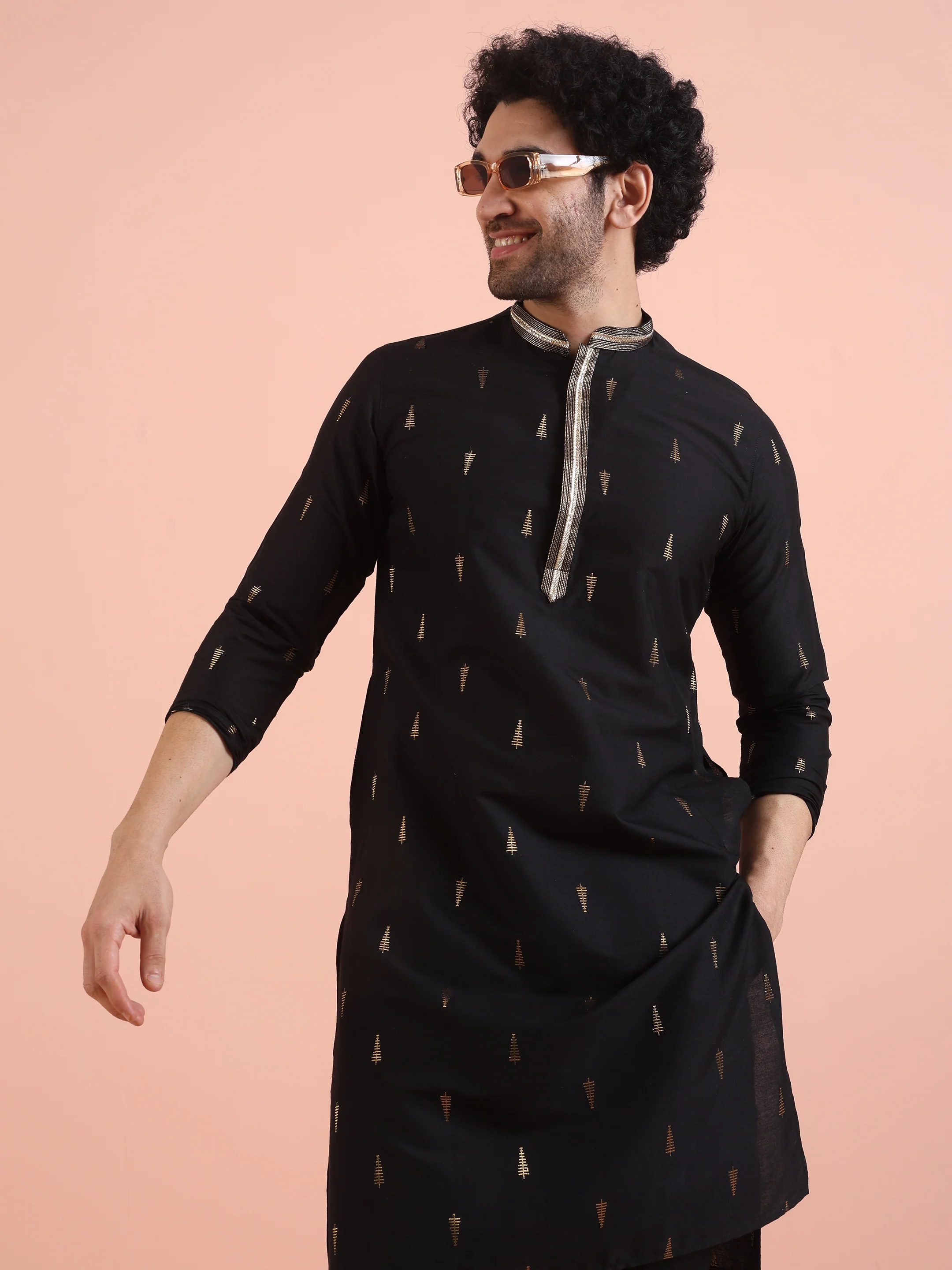 Men Black Jacquard Kurta Trouser Set with Ethnic Motifs - Image 7