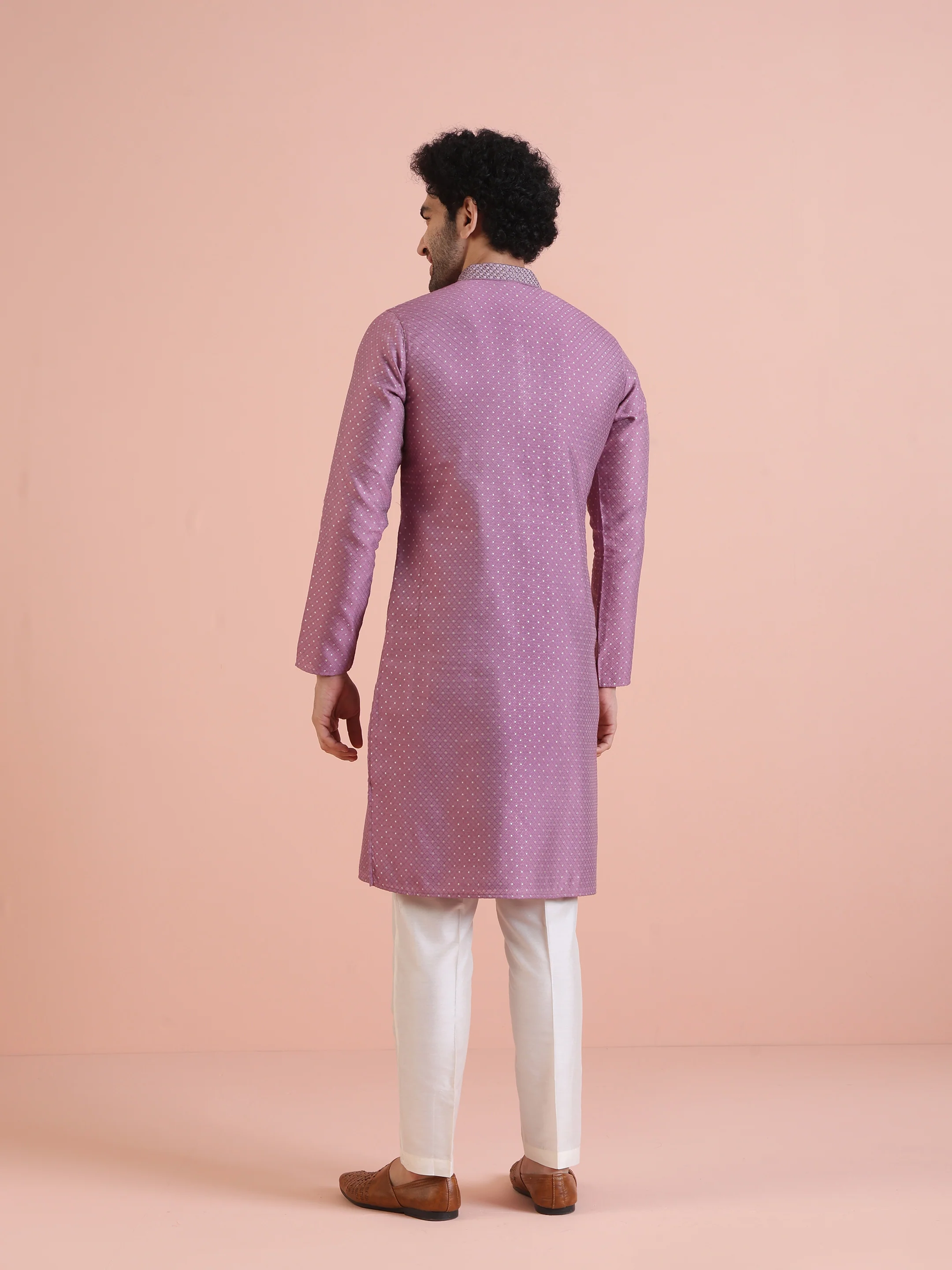 Men Mauve Jacquard Kurta Trouser Set with Thread Work - Image 4