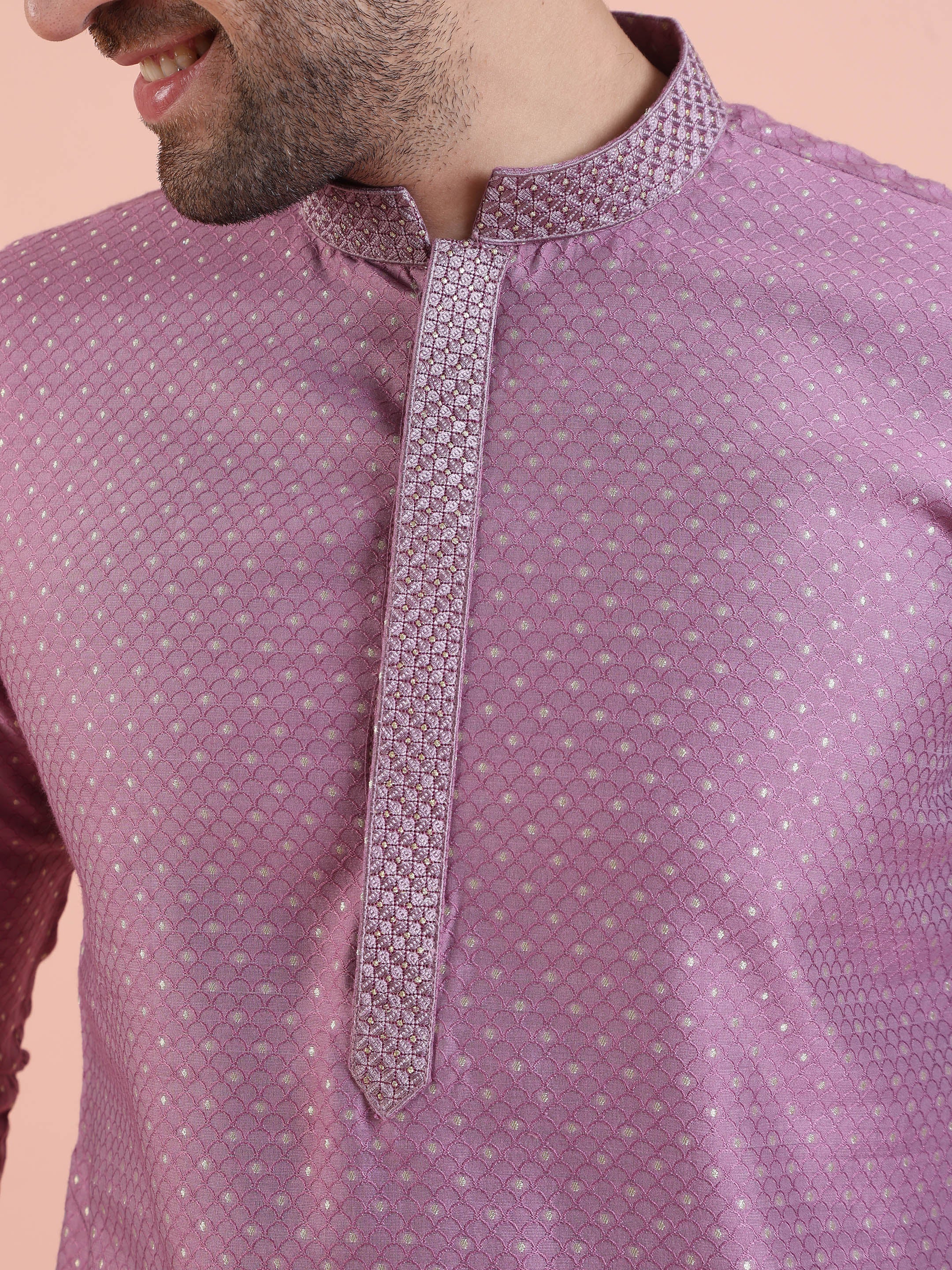 Men Mauve Jacquard Kurta Trouser Set with Thread Work - Image 5