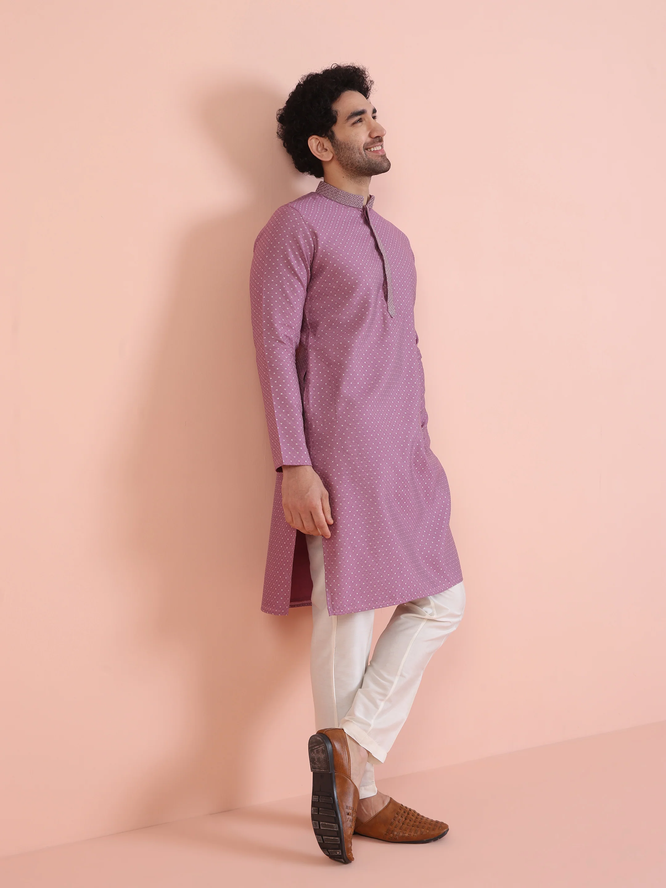 Men Mauve Jacquard Kurta Trouser Set with Thread Work - Image 7