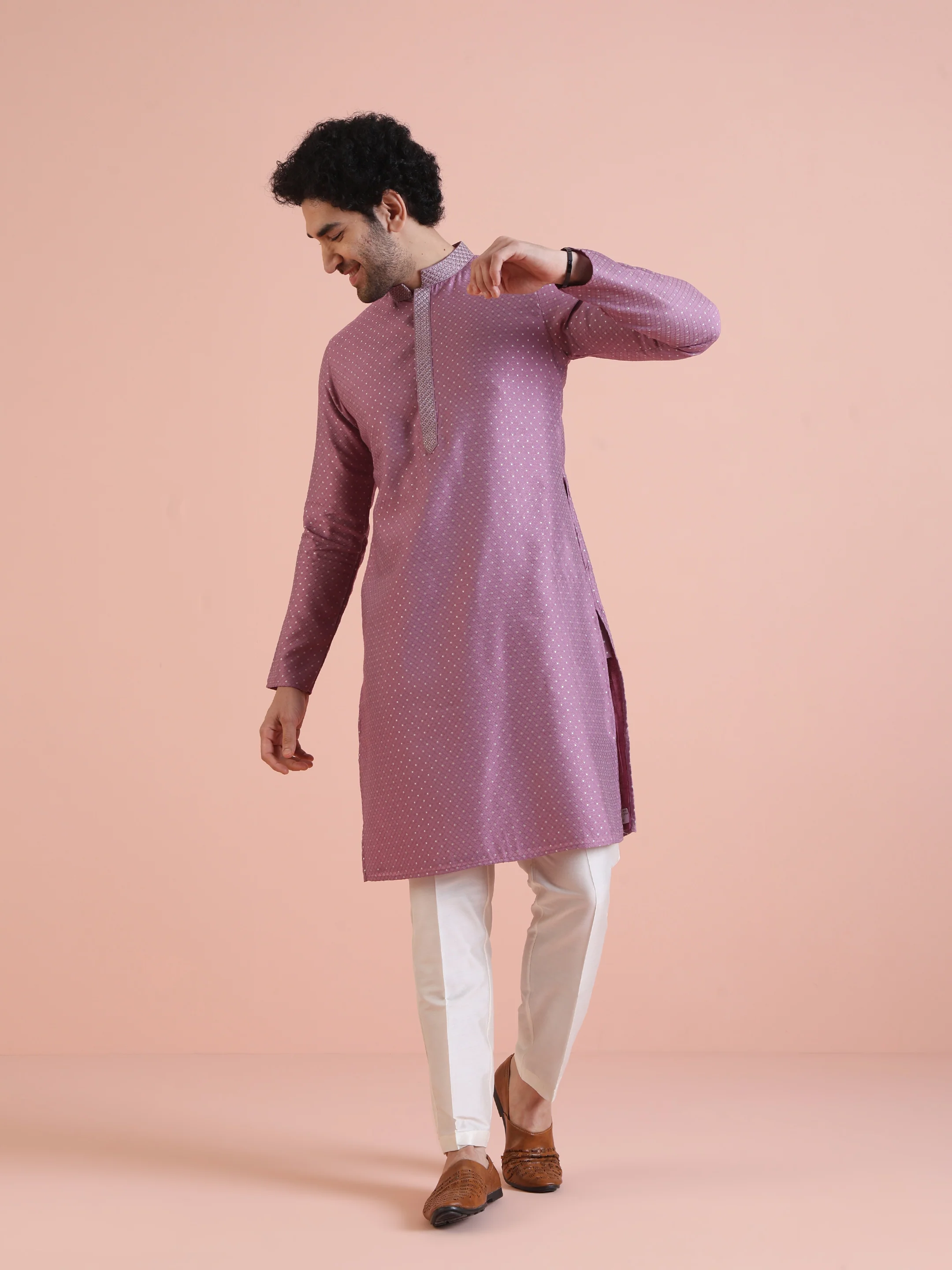 Men Mauve Jacquard Kurta Trouser Set with Thread Work - Image 8